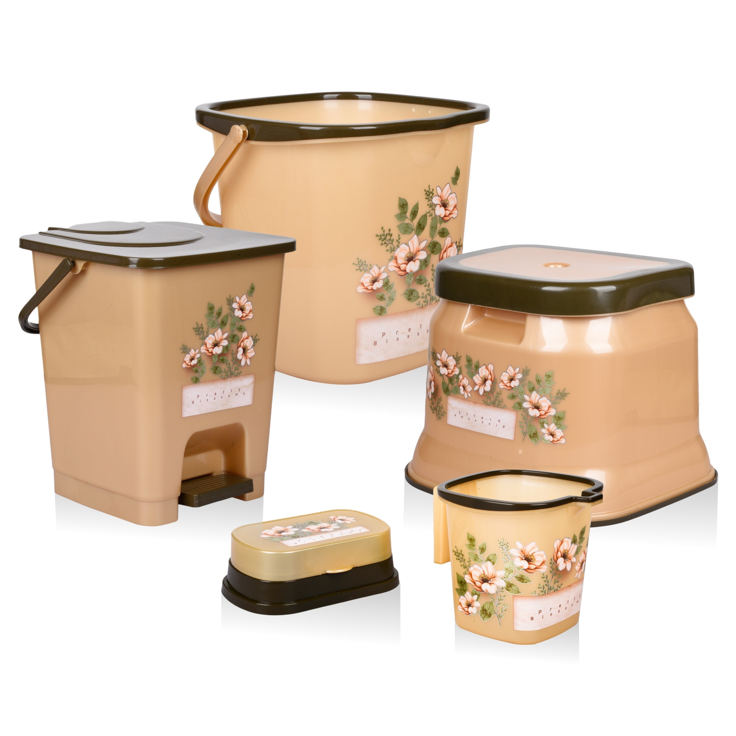 Kuber Industries Bathroom Set | Plastic Bathroom Combo Set | Bucket-Stool-Mug-Dustbin-Soap Holder Set for Bathroom | Modern Bath Set | Printed Bathroom Set | Set of 5 | Cream