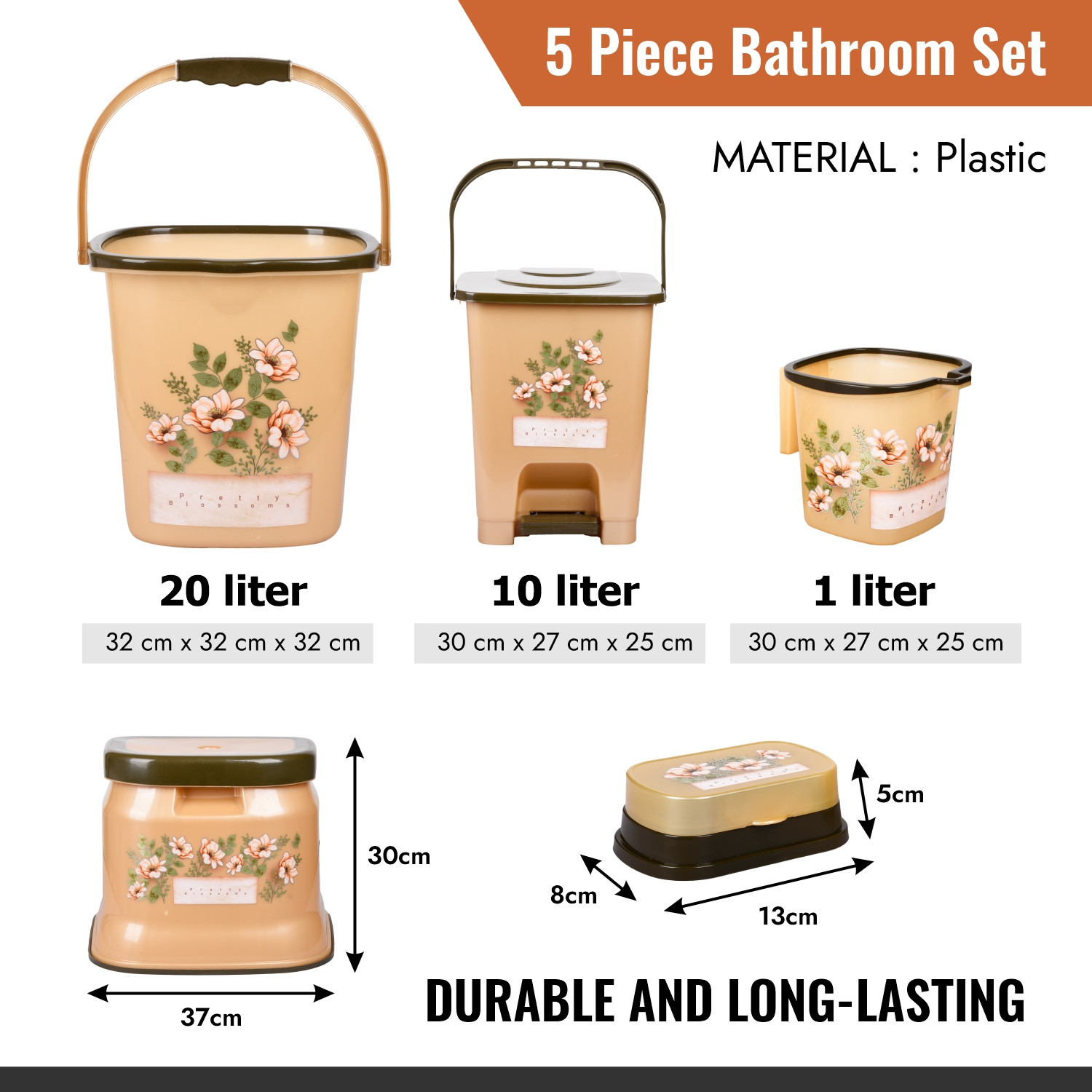 Kuber Industries Bathroom Set | Plastic Bathroom Combo Set | Bucket-Stool-Mug-Dustbin-Soap Holder Set for Bathroom | Modern Bath Set | Printed Bathroom Set | Set of 5 | Cream