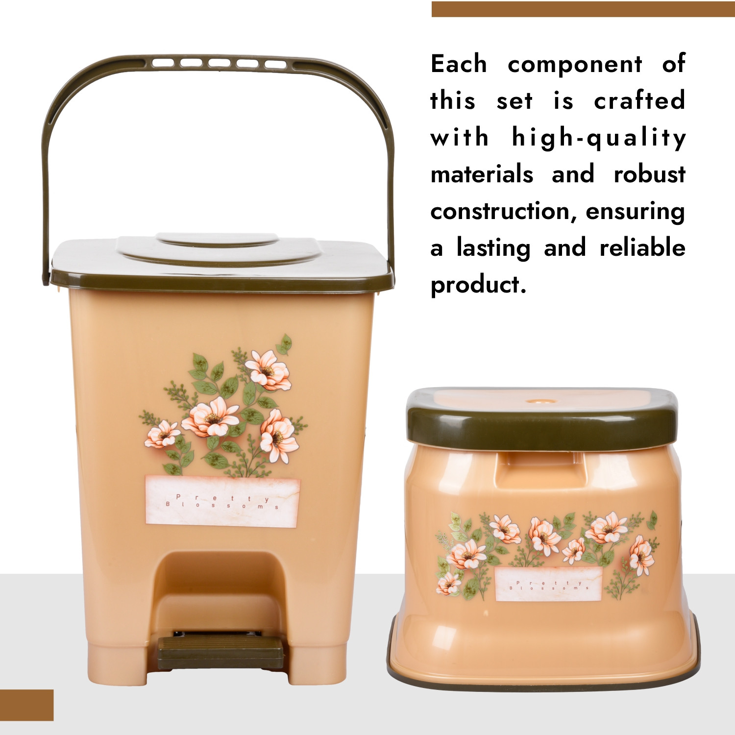 Kuber Industries Bathroom Set | Plastic Bathroom Combo Set | Bucket-Stool-Mug-Dustbin-Soap Holder Set for Bathroom | Modern Bath Set | Printed Bathroom Set | Set of 5 | Cream