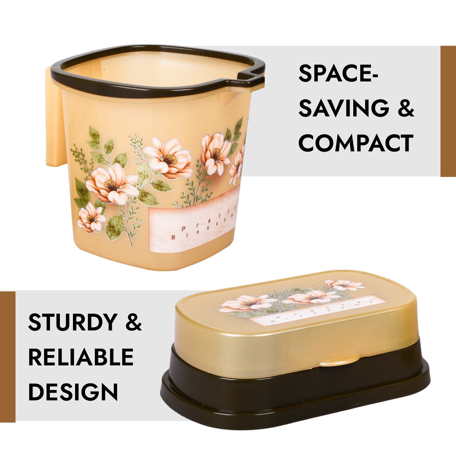 Kuber Industries Bathroom Set | Plastic Bathroom Combo Set | Bucket-Stool-Mug-Dustbin-Soap Holder Set for Bathroom | Modern Bath Set | Printed Bathroom Set | Set of 5 | Cream