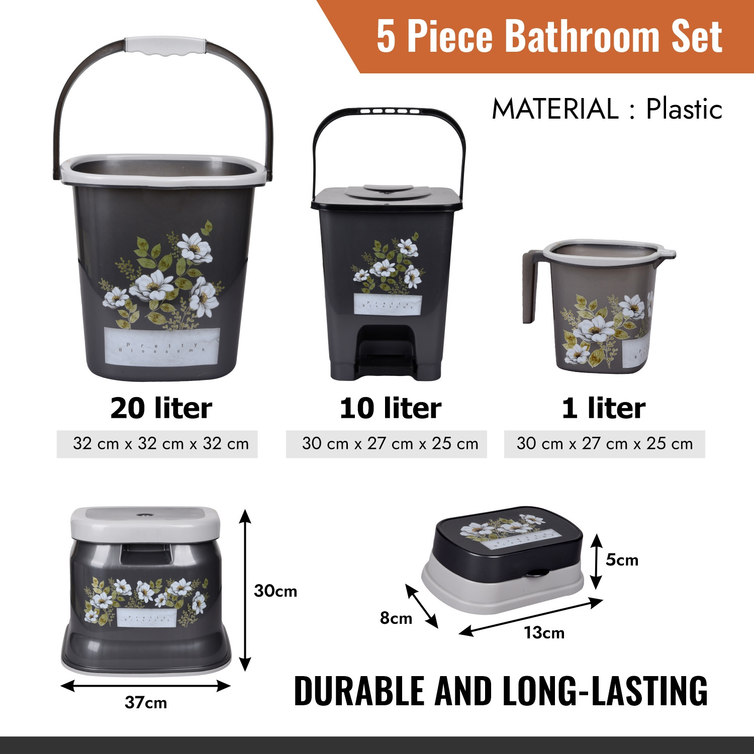 Kuber Industries Bathroom Set | Plastic Bathroom Combo Set | Bucket-Stool-Mug-Dustbin-Soap Holder Set for Bathroom | Modern Bath Set | Printed Bathroom Set | Set of 5 | Gray