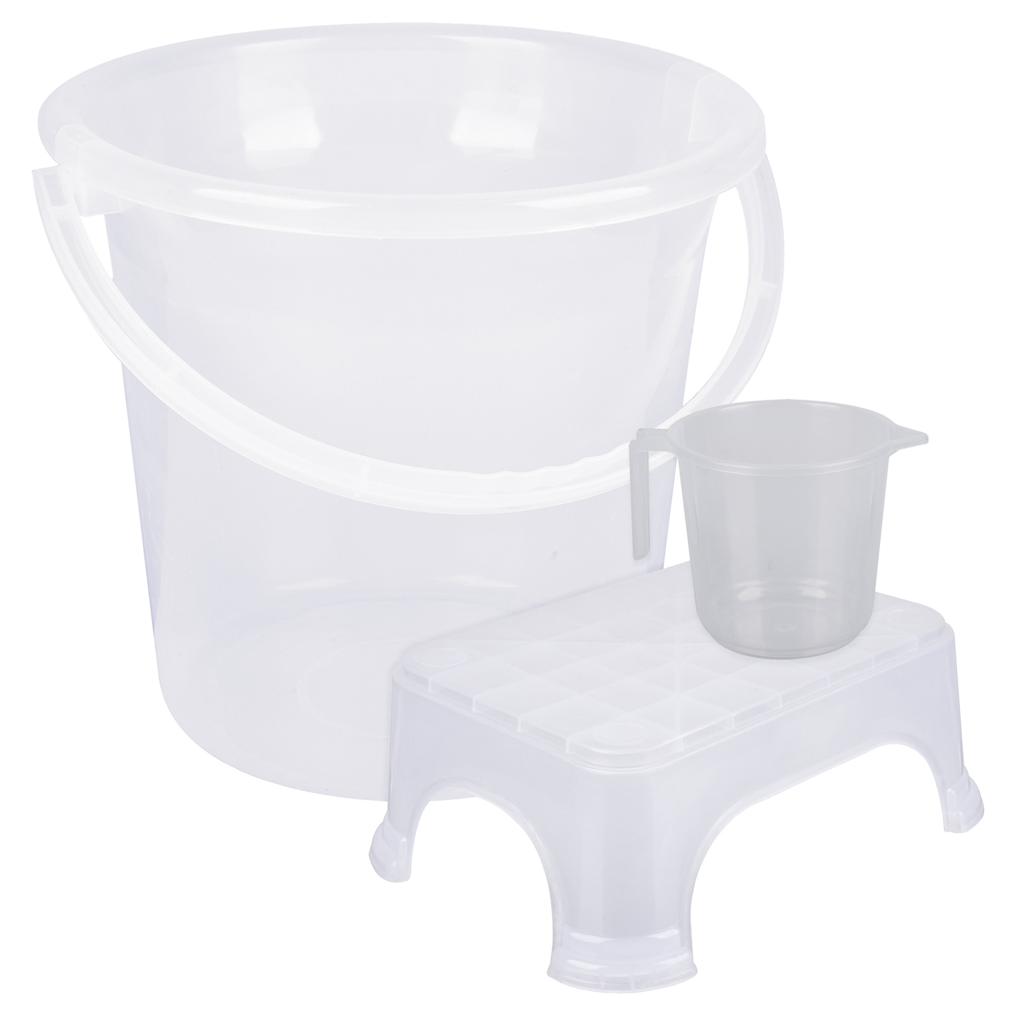 Kuber Industries Bathroom Set | Plastic Bathroom Combo Set | Bucket-Stool-Mug Set for Bathroom | Modern Bath Set | Bathroom Accessories Set | Set of 3 | Transparent