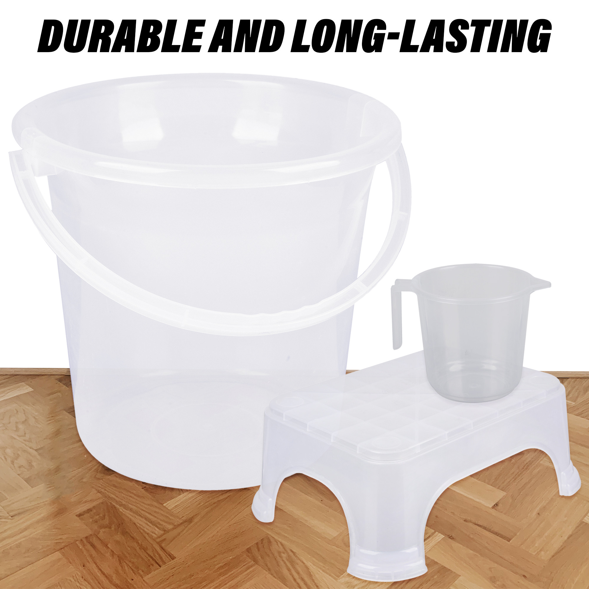Kuber Industries Bathroom Set | Plastic Bathroom Combo Set | Bucket-Stool-Mug Set for Bathroom | Modern Bath Set | Bathroom Accessories Set | Set of 3 | Transparent