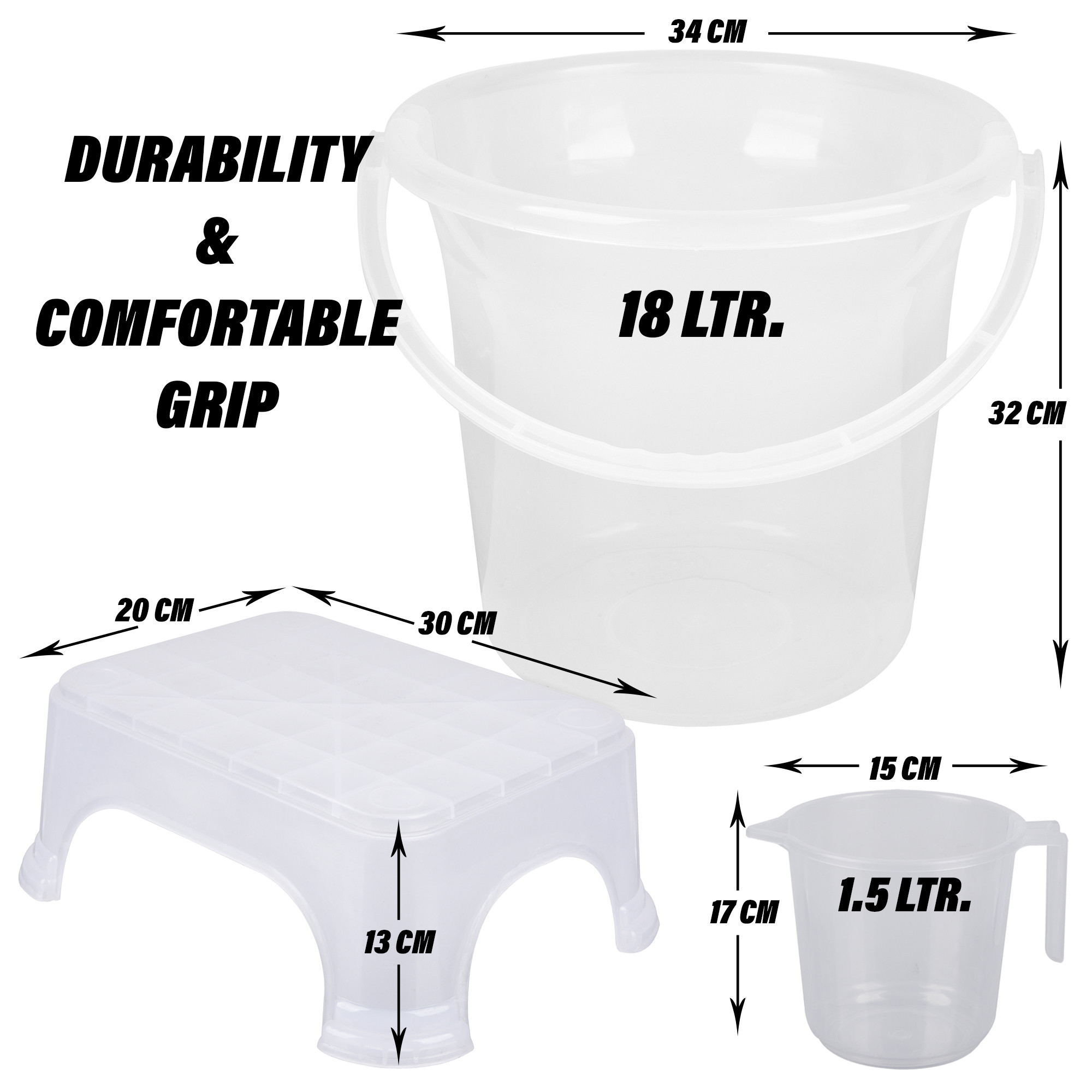 Kuber Industries Bathroom Set | Plastic Bathroom Combo Set | Bucket-Stool-Mug Set for Bathroom | Modern Bath Set | Bathroom Accessories Set | Set of 3 | Transparent