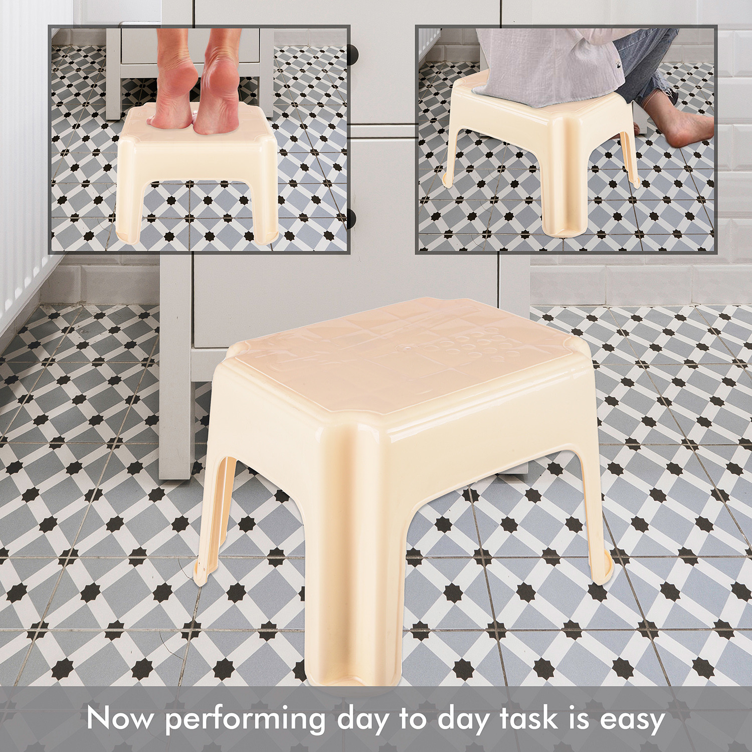 Kuber Industries Bathroom Stool | Durable Plastic Sitting Stool | Patla For Bathroom | Stool for Senior Citizen | Bathroom Sitting Seat | Stool for Kitchen | Cream