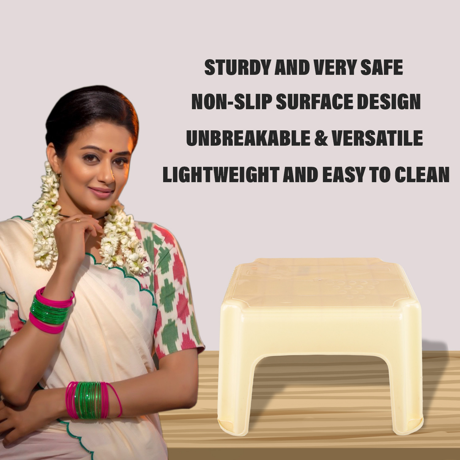 Kuber Industries Bathroom Stool | Durable Plastic Sitting Stool | Patla For Bathroom | Stool for Senior Citizen | Bathroom Sitting Seat | Stool for Kitchen | Cream