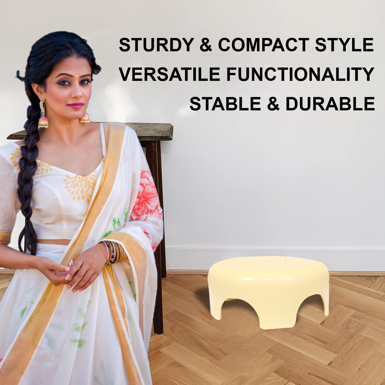 Kuber Industries Bathroom Stool | Plastic Bathroom Stool for Bathing | Bathroom Stool for Senior Citizen | Patla for Toilet | Sumo Stool | Cream