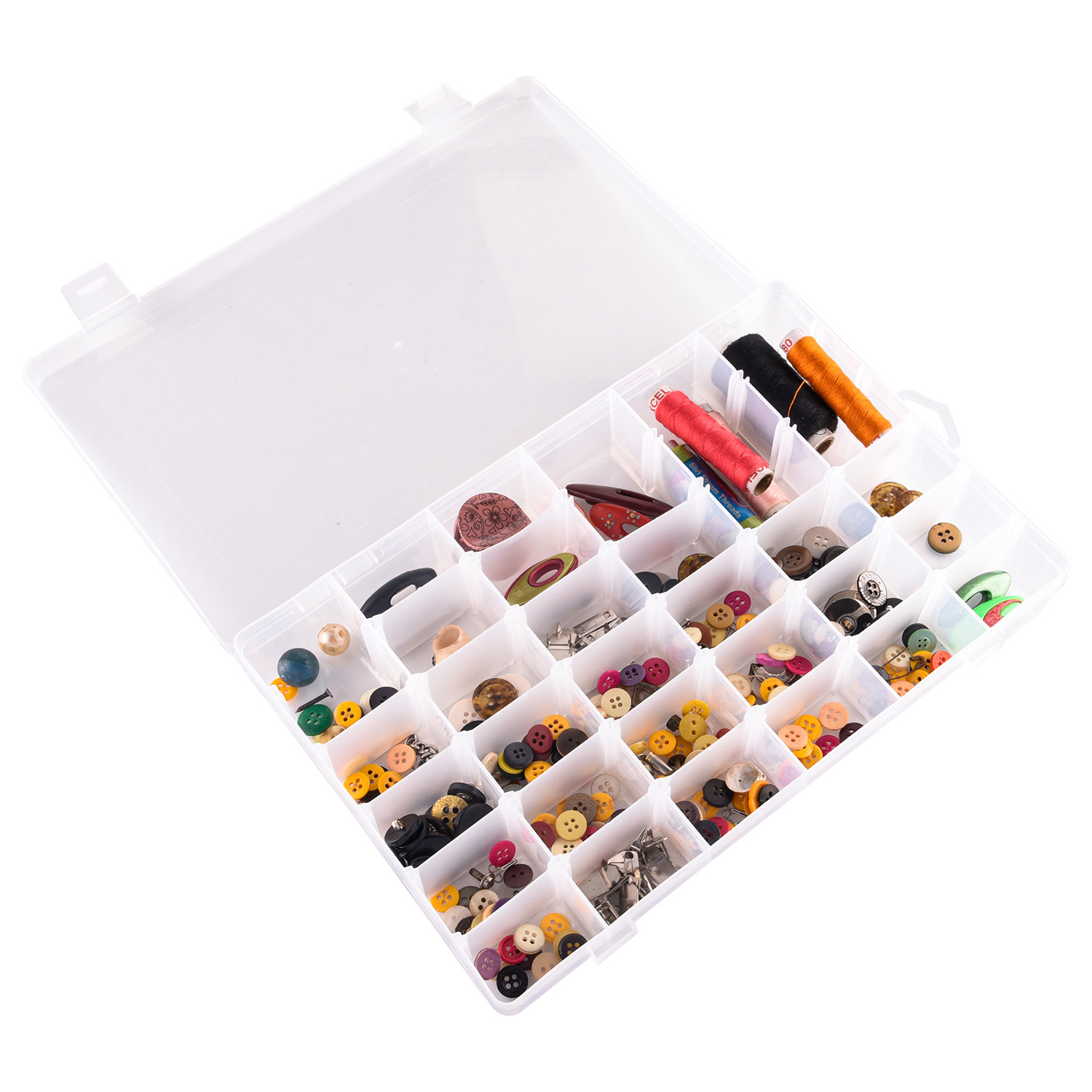 Kuber Industries Beads Storage Box|36 Slots Plastic Adjustable Dividers Storage Organizer for Glitters|Thread Reels|Medicine Pills (Transparent)