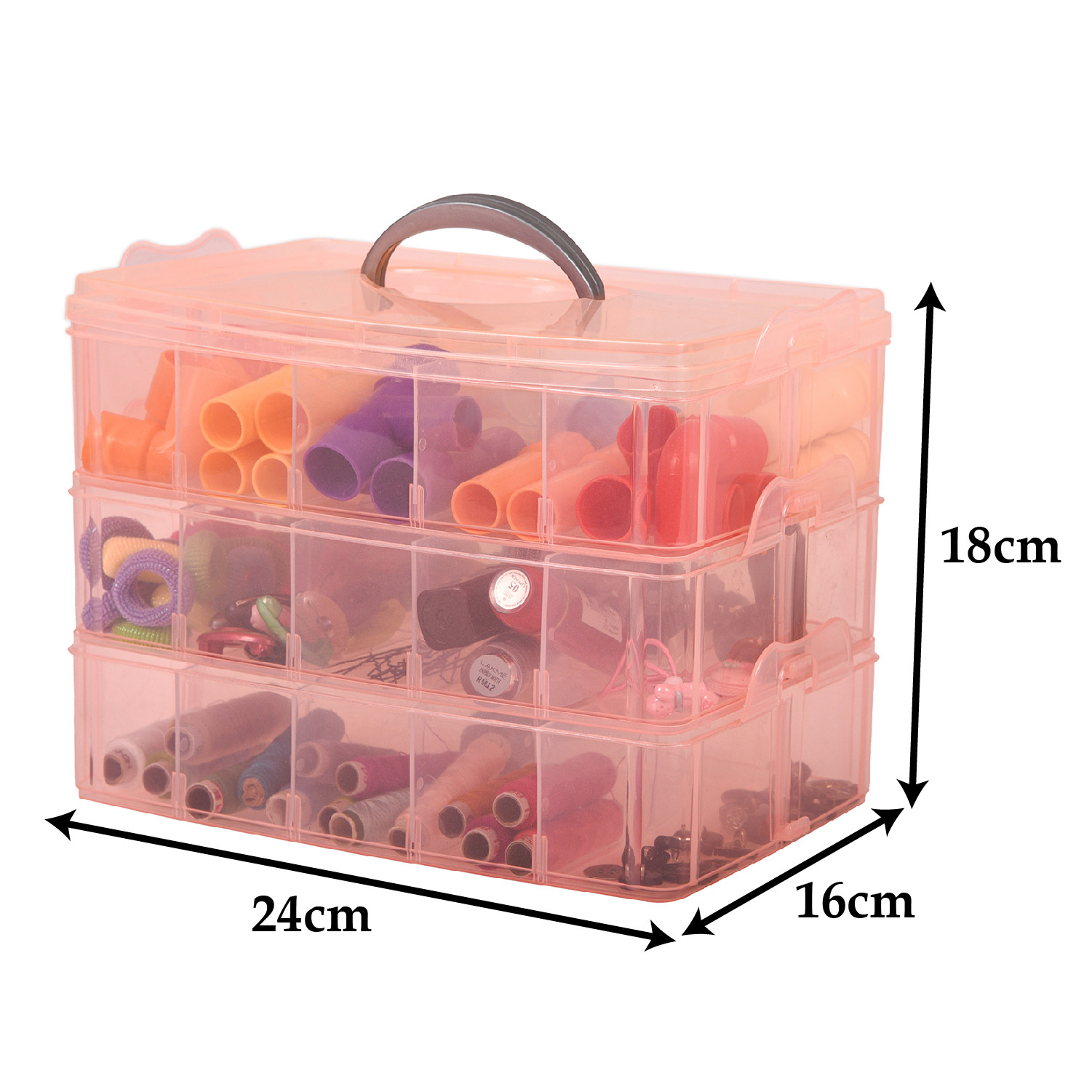 Kuber Industries Beads Storage Box|Plastic Detachable 3-Tier Box Organizer|30 Grid Storage Organizer for Glitters|Thread Reels|Medicine Pills (Peach)