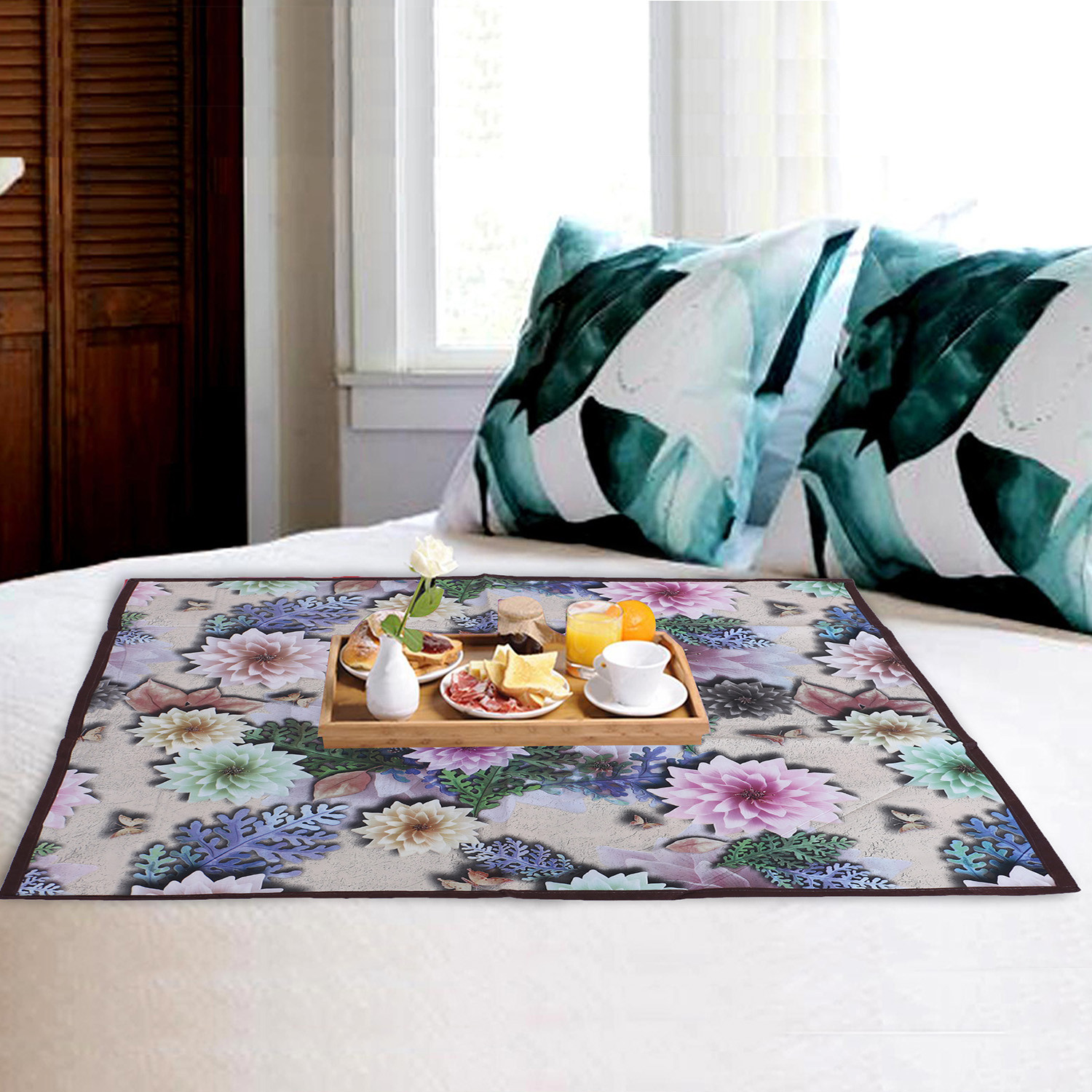 Kuber Industries Bed Server|PVC Rose Floral & Buterfly Print Both Sided Food Mat|Waterproof Mattress Protector, 35x35 Inch (Multicolor)