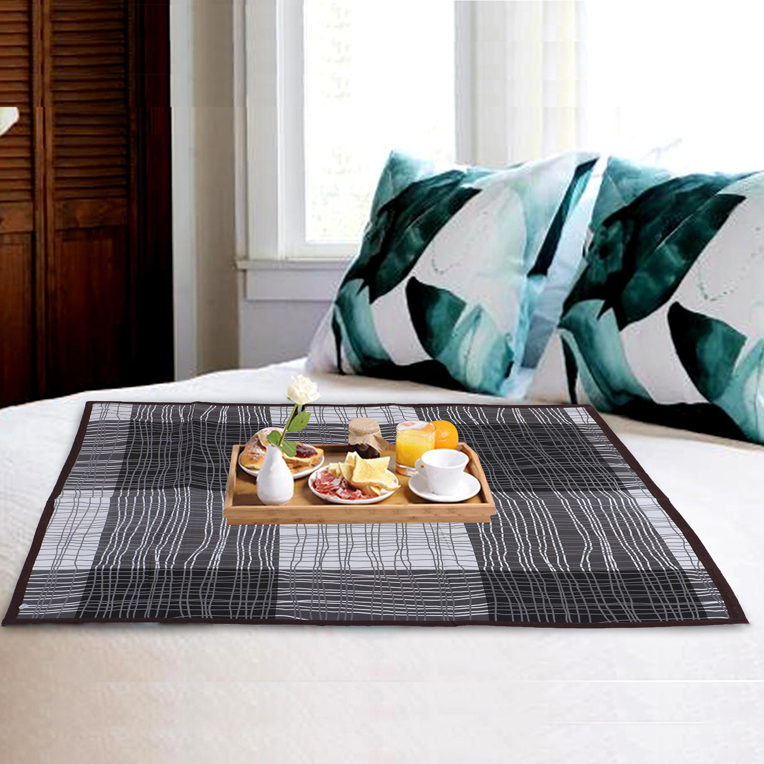Kuber Industries Bed Server|PVC Rose Floral & Lines Print Both Sided Food Mat|Waterproof Mattress Protector, 35x35 Inch (Multicolor)