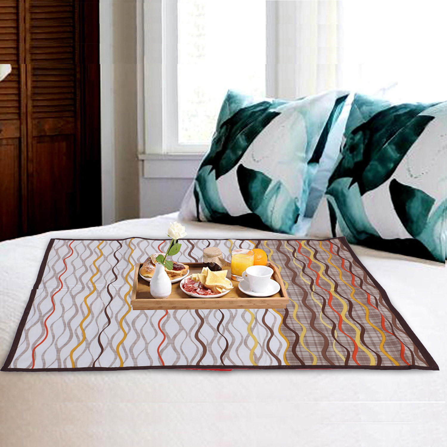 Kuber Industries Bed Server|PVC Rose Floral & Strips Print Both Sided Food Mat|Waterproof Mattress Protector, 35x35 Inch (Multicolor)