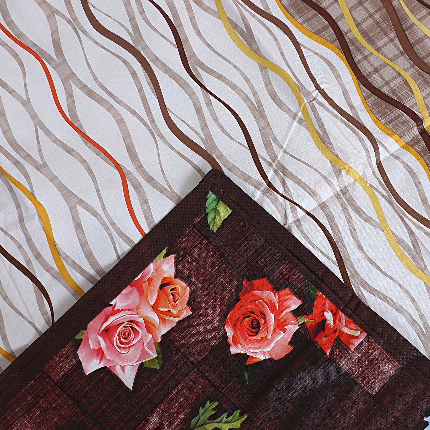 Kuber Industries Bed Server|PVC Rose Floral & Strips Print Both Sided Food Mat|Waterproof Mattress Protector, 35x35 Inch (Multicolor)