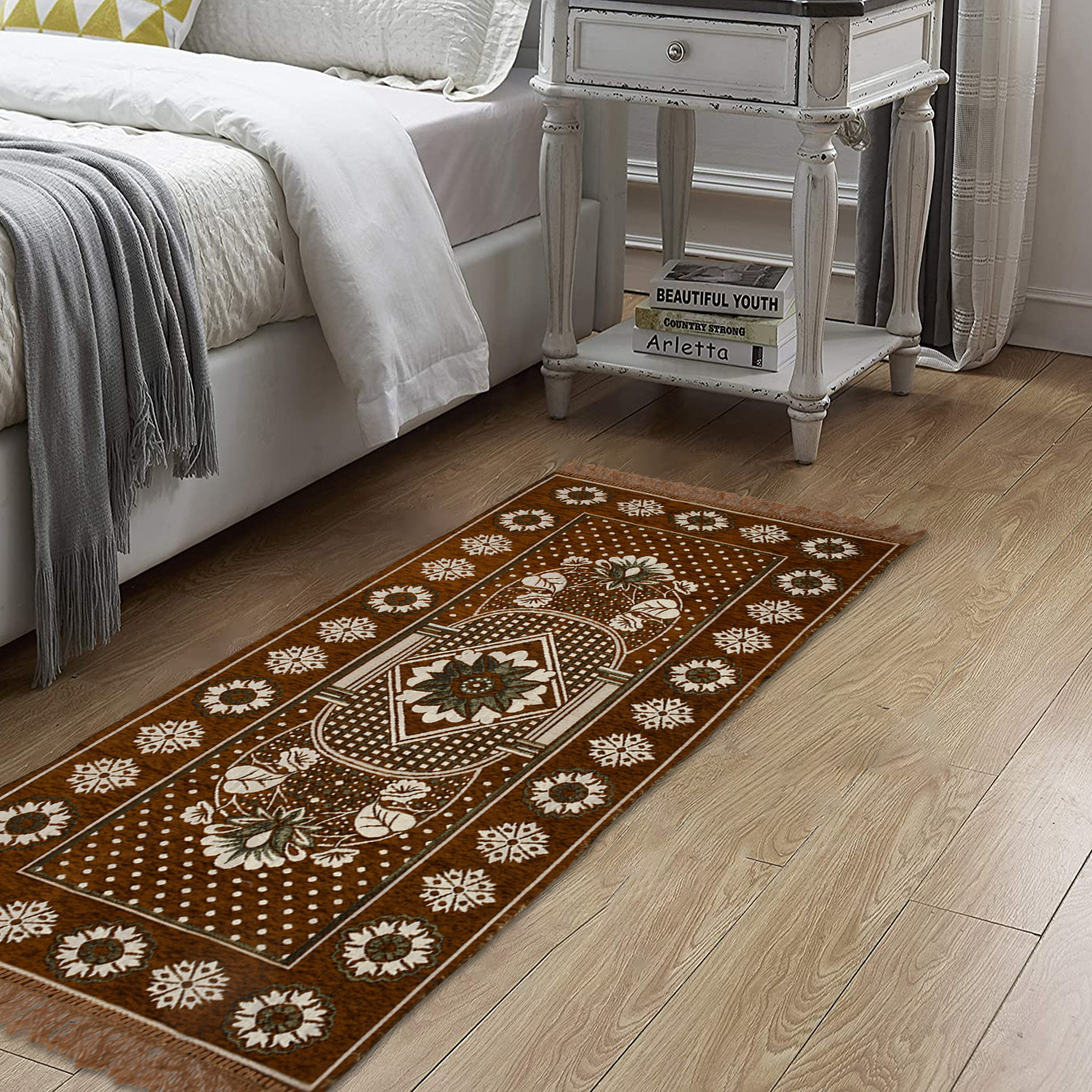 Kuber Industries Bed Side Runner|Velvet Decorative Anti Skid Floor Mat Runner|Flower Pattern for Hall, Kitchen, Living Room, 27 x 68 Inch ( Light Brown)