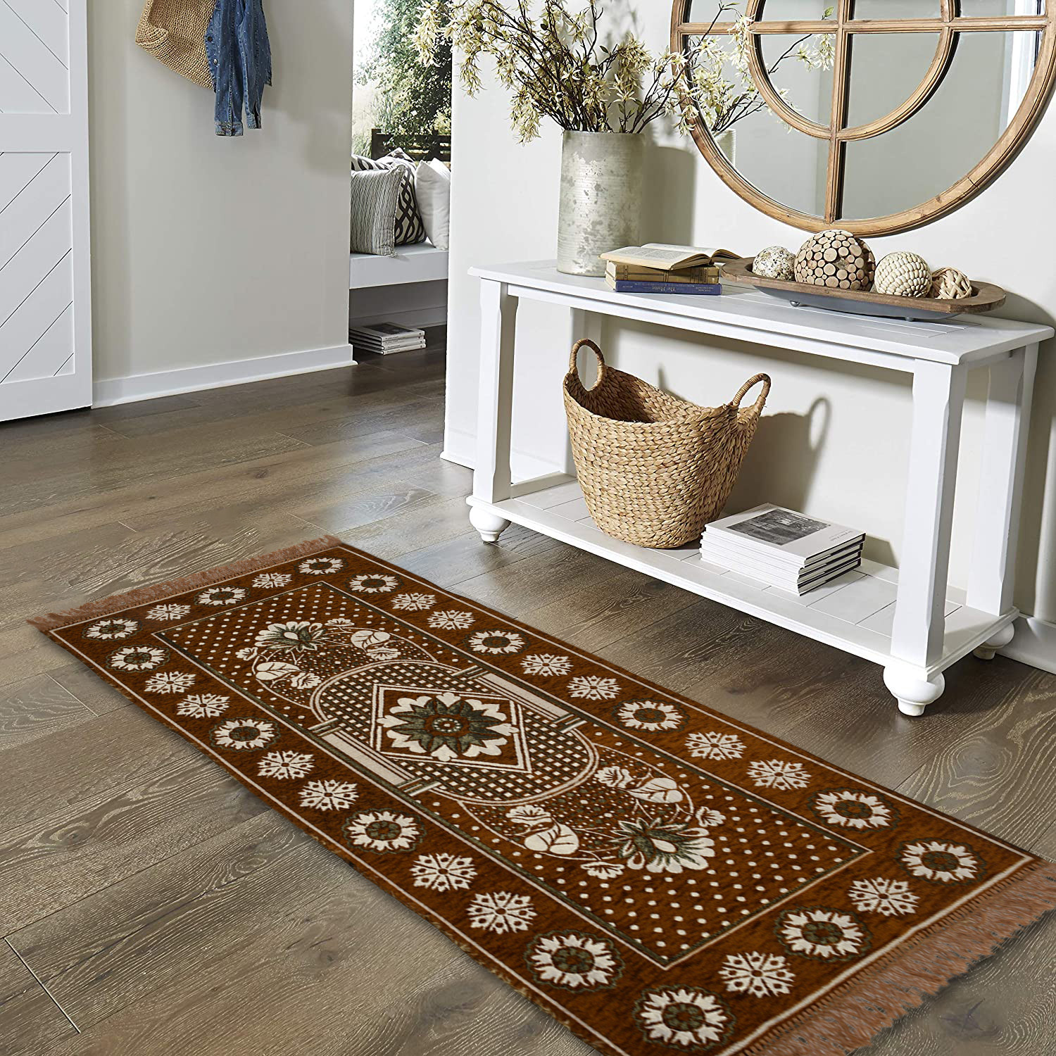 Kuber Industries Bed Side Runner|Velvet Decorative Anti Skid Floor Mat Runner|Flower Pattern for Hall, Kitchen, Living Room, 27 x 68 Inch ( Light Brown)