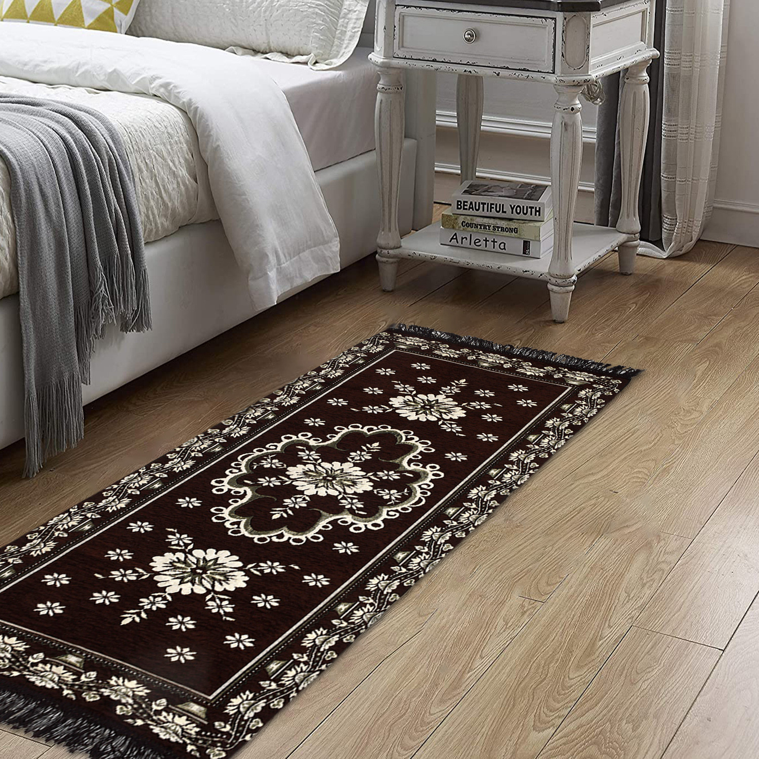 Kuber Industries Bed Side Runner|Velvet Decorative Anti Skid Floor Mat Runner|Flower Pattern for Hall, Kitchen, Living Room, 27 x 68 Inch ( Dark Brown)