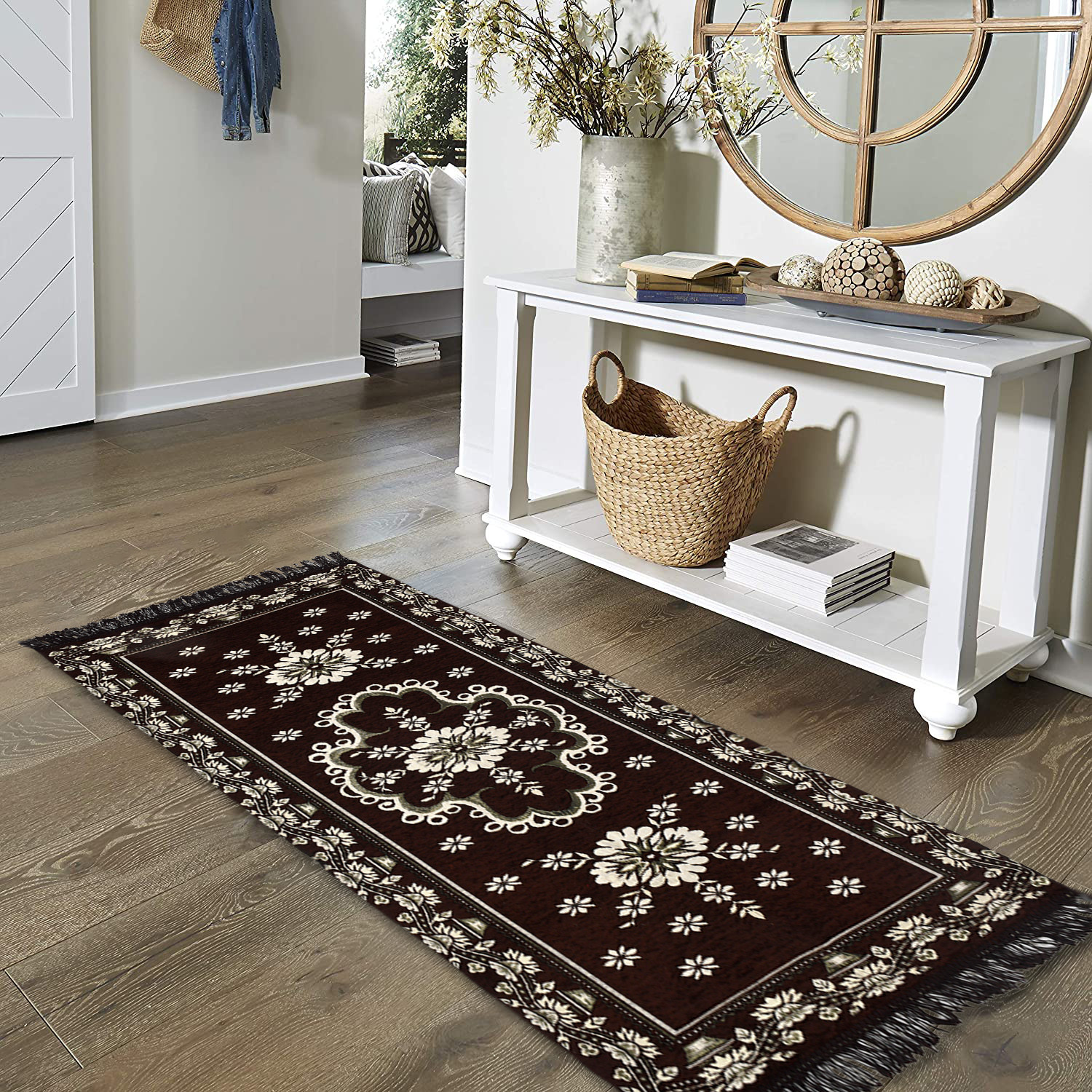 Kuber Industries Bed Side Runner|Velvet Decorative Anti Skid Floor Mat Runner|Flower Pattern for Hall, Kitchen, Living Room, 27 x 68 Inch ( Dark Brown)