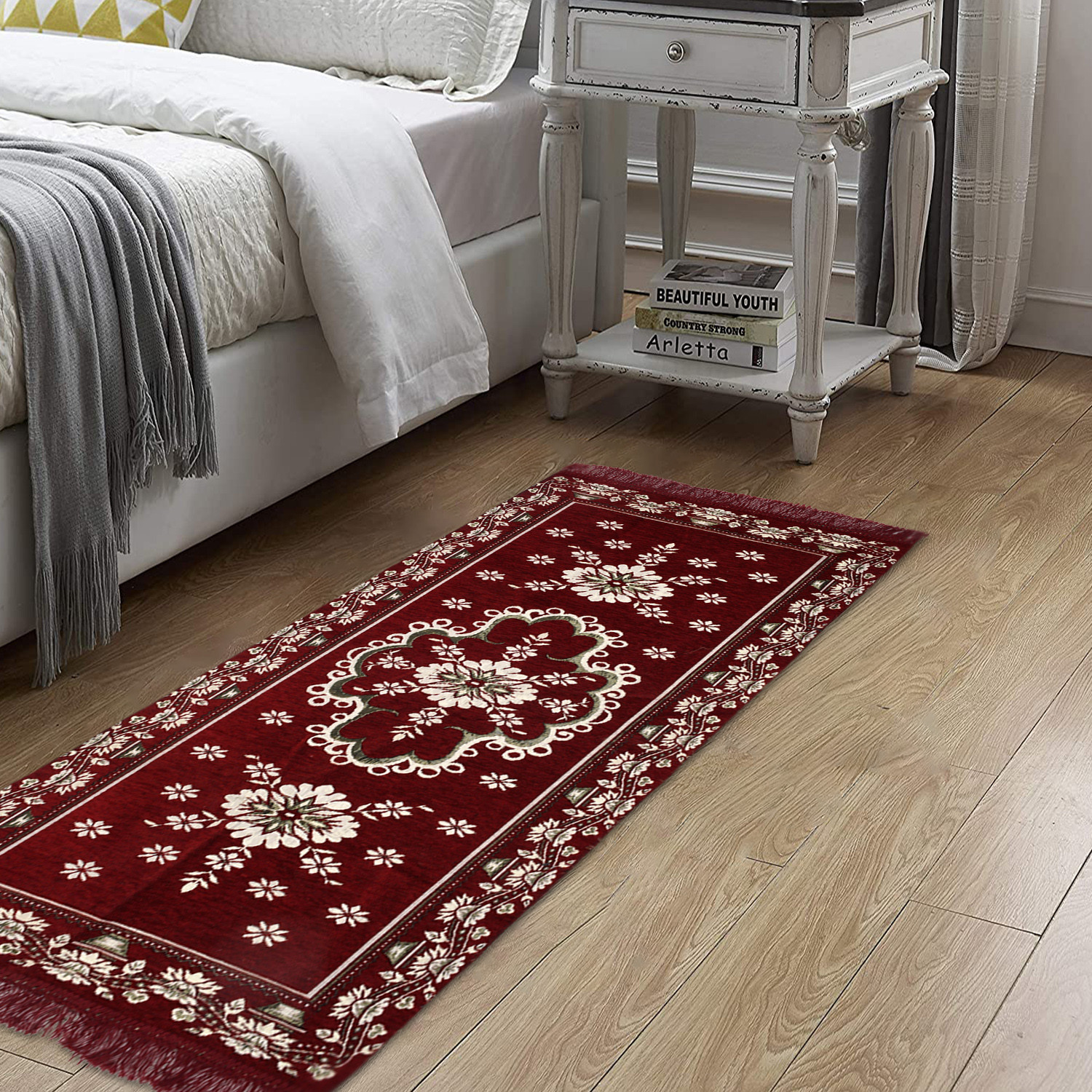 Kuber Industries Bed Side Runner|Velvet Decorative Anti Skid Floor Mat Runner|Flower Pattern for Hall, Kitchen, Living Room, 27 x 68 Inch ( Maroon)