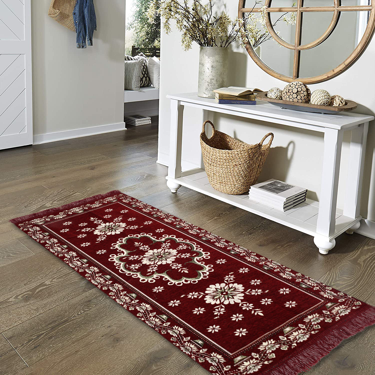 Kuber Industries Bed Side Runner|Velvet Decorative Anti Skid Floor Mat Runner|Flower Pattern for Hall, Kitchen, Living Room, 27 x 68 Inch ( Maroon)