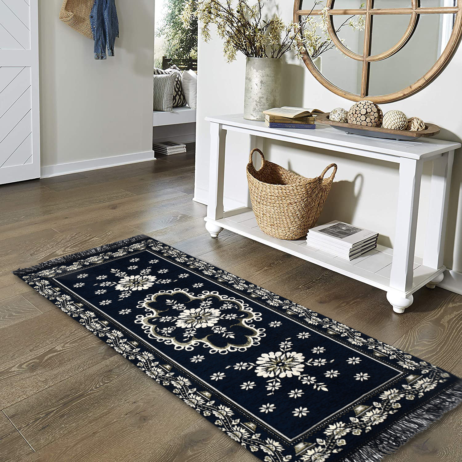 Kuber Industries Bed Side Runner|Velvet Decorative Anti Skid Floor Mat Runner|Flower Pattern for Hall, Kitchen, Living Room, 27 x 68 Inch ( Blue)