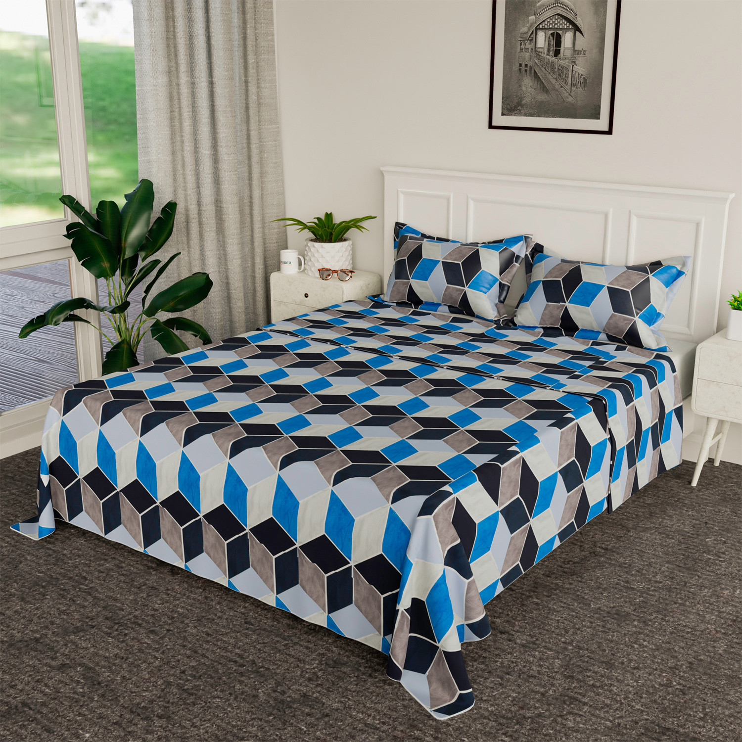 Kuber Industries Bedsheet | Cotton Double Bedsheet with 2 Pillow Covers | 144 TC Zig Zag Design Bedsheet for Bedroom | Bedsheet for Living Room | 90x100 Inch | Blue