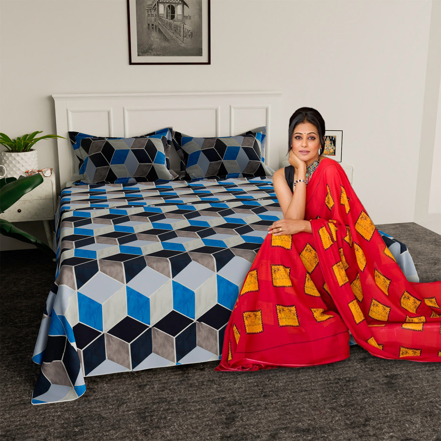 Kuber Industries Bedsheet | Cotton Double Bedsheet with 2 Pillow Covers | 144 TC Zig Zag Design Bedsheet for Bedroom | Bedsheet for Living Room | 90x100 Inch | Blue