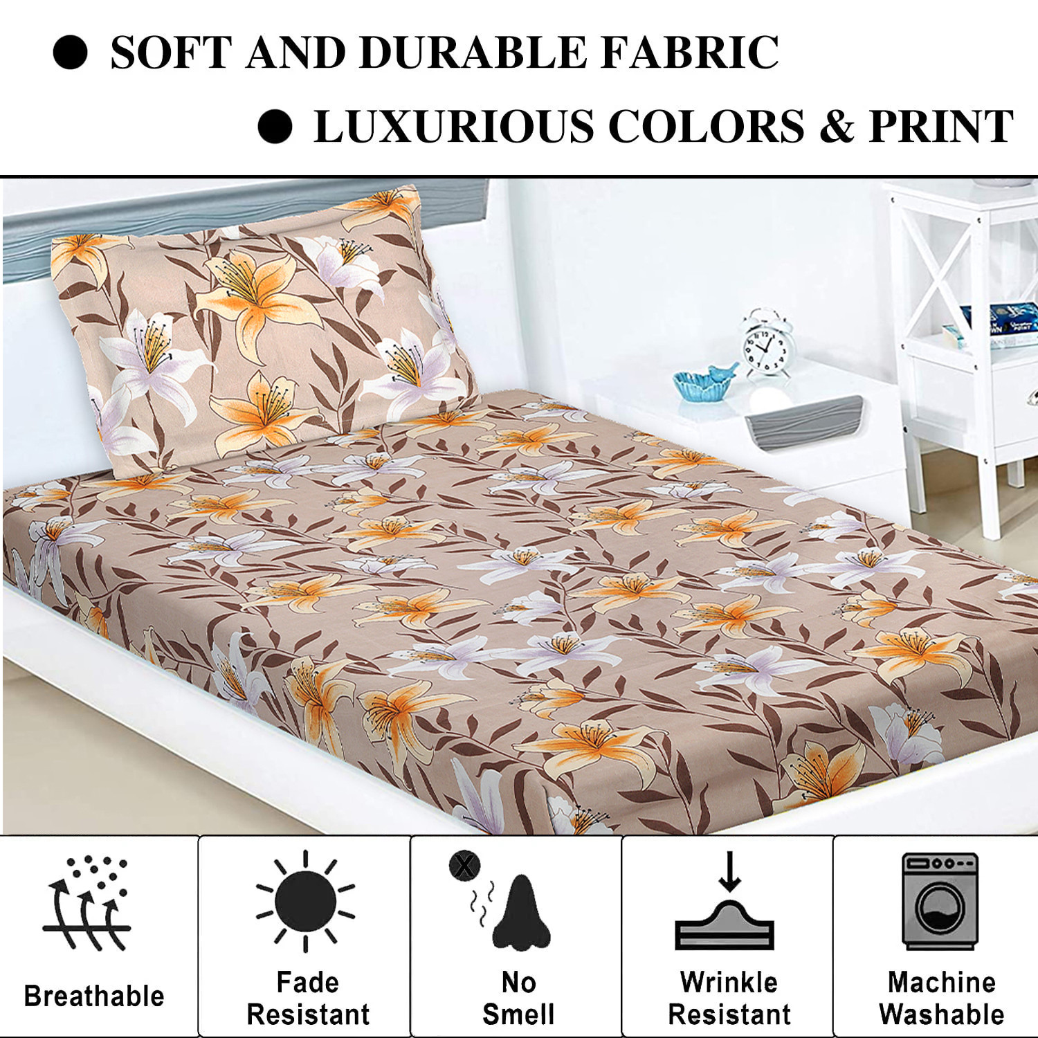 Kuber Industries Bedsheet  Cotton Single Bedsheet  Bedsheet with 1 Pillow Cover  Single Bedsheet for Kids Room  Flower Design Single Bedsheet  Wrinkle Free  Light Brown