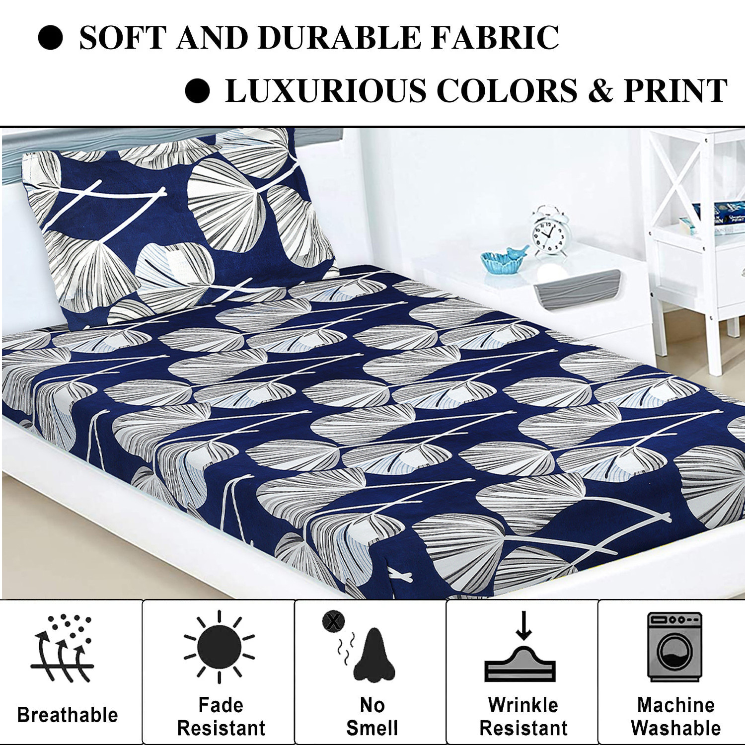 Kuber Industries Bedsheet  Cotton Single Bedsheet  Bedsheet with 1 Pillow Cover  Single Bedsheet for Kids Room  Patta Design Single Bedsheet  Wrinkle Free  Blue