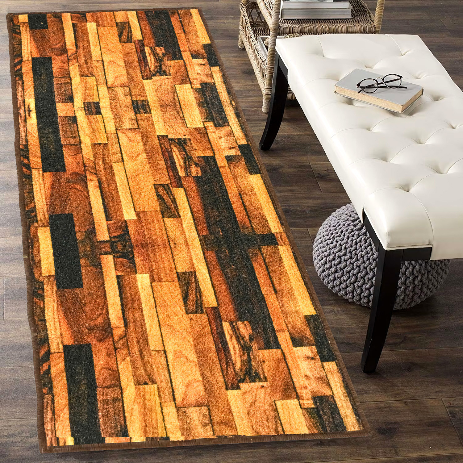 Kuber Industries Bedside Runner | Microfiber Carpet for Bedroom | Anti Skid Runner For Hall | Comfortable Wooden Texture Runner Home Décor | 5x2 Feet | Brown