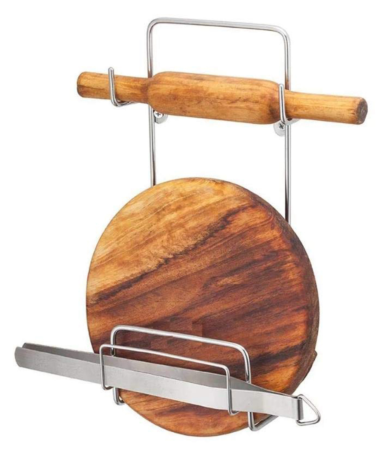 Kuber Industries Belan and Chakla Stand Belan Tava Rolling Pin Holder Heavyweight Durable Chakla Holder for Kitchen Silver
