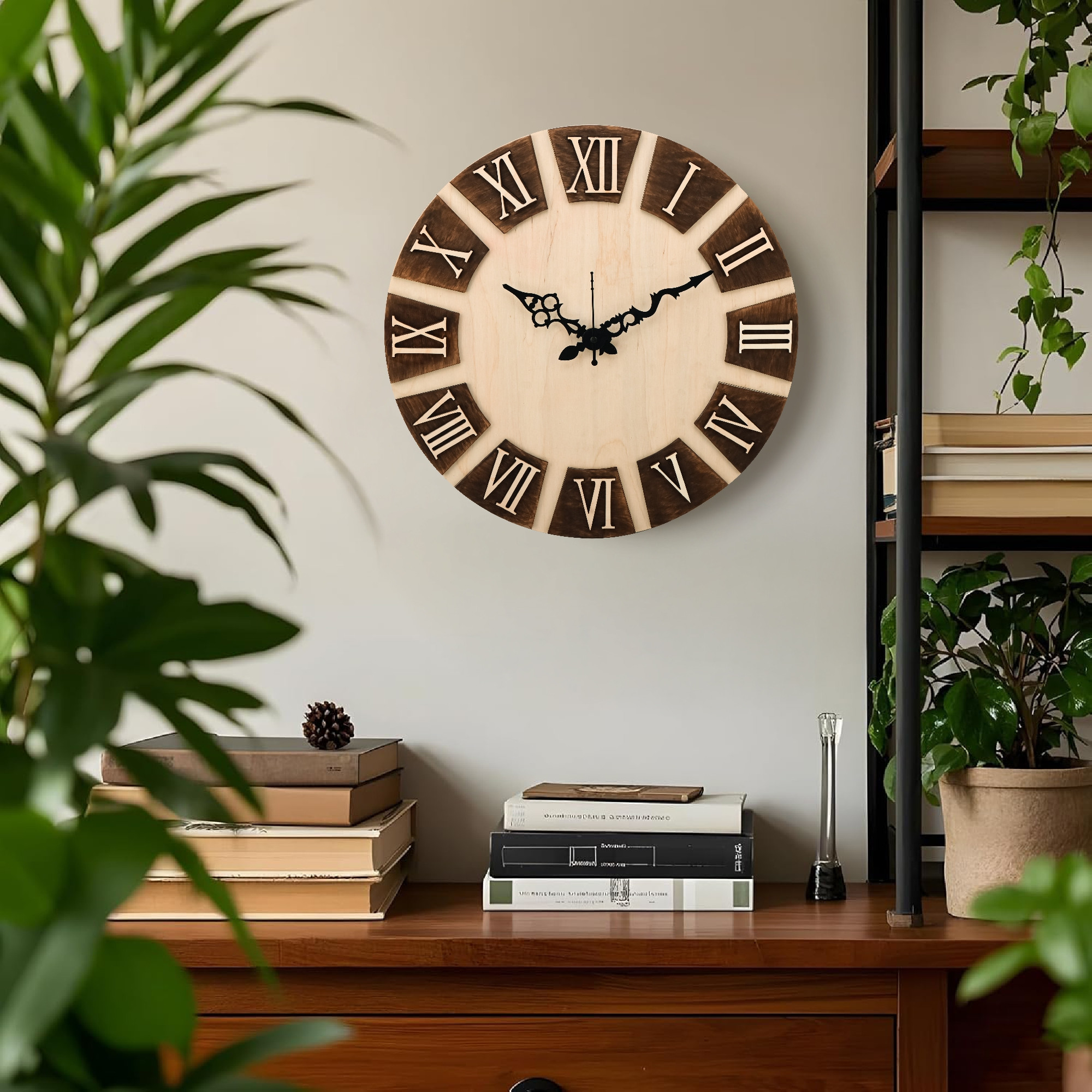Kuber Industries Big Size 14 Inch Silent Wall Clock for Home  Office  Wooden Analog Quartz Wall Clock for Living Room Bedroom Hall  Roman Numerals  Battery not Included  Brown  White