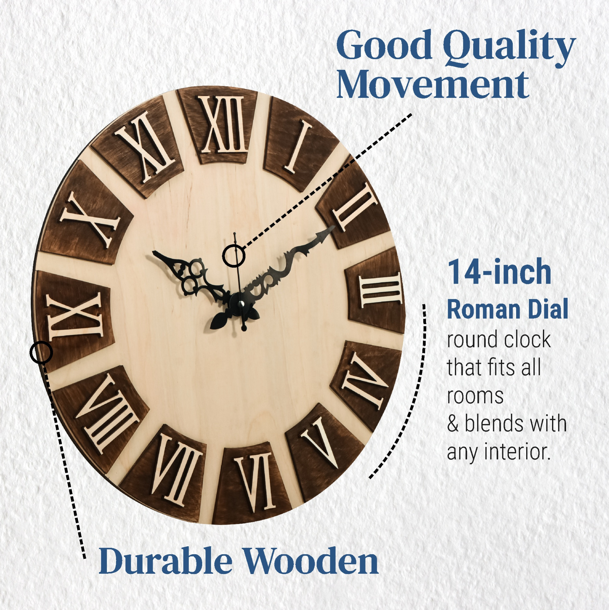 Kuber Industries Big Size 14 Inch Silent Wall Clock for Home  Office  Wooden Analog Quartz Wall Clock for Living Room Bedroom Hall  Roman Numerals  Battery not Included  Brown  White