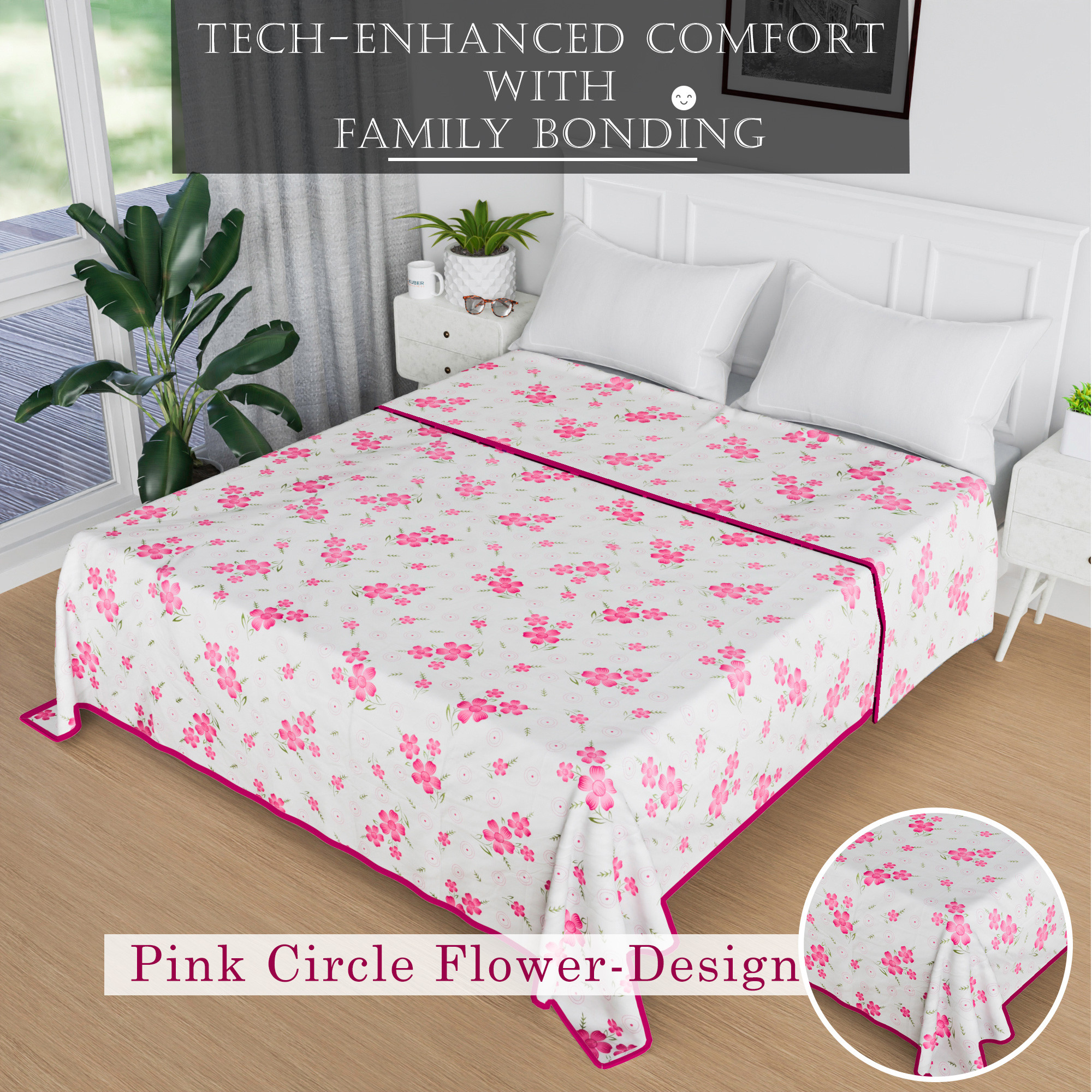 Kuber Industries Blanket  Comforter Double Bed  Cotton Double Dohar  Reversible AC Comforter  Lightweight Dohar for Summer  All-Season Bed Blanket  Pink Circle Flower-Design  White