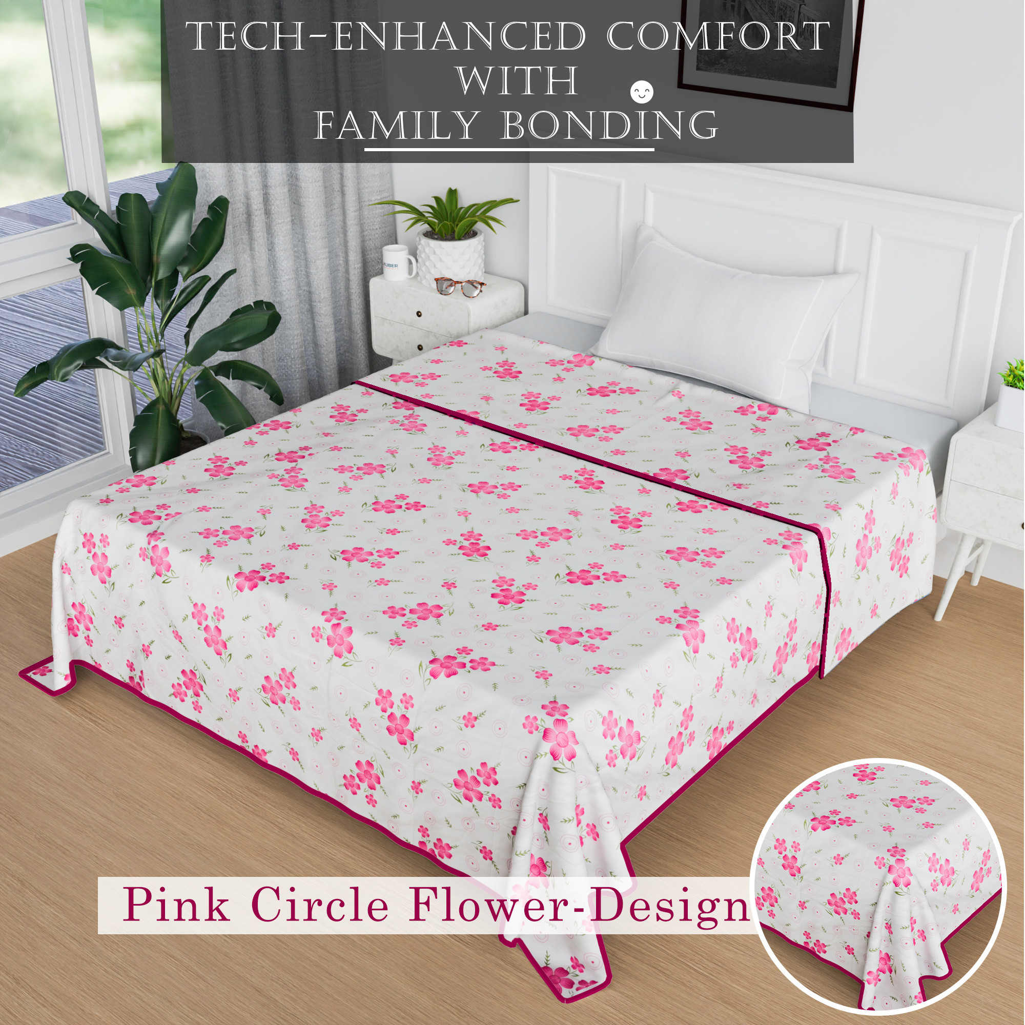 Kuber Industries Blanket  Comforter Single Bed  Reversible AC Comforter  Cotton Single Dohar  Lightweight Dohar for Summer  All-Season Bed Blanket  Pink Circle Flower-Design  White