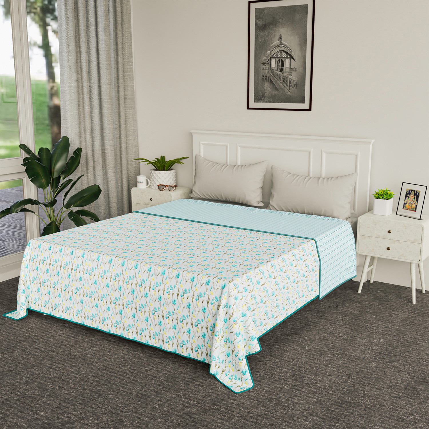 Kuber Industries Blanket | Cotton Double Bed Dohar | Blanket For Home | Reversible AC Blanket For Travelling | Blanket For Summer | Blanket For Winters | Blue Flower | White