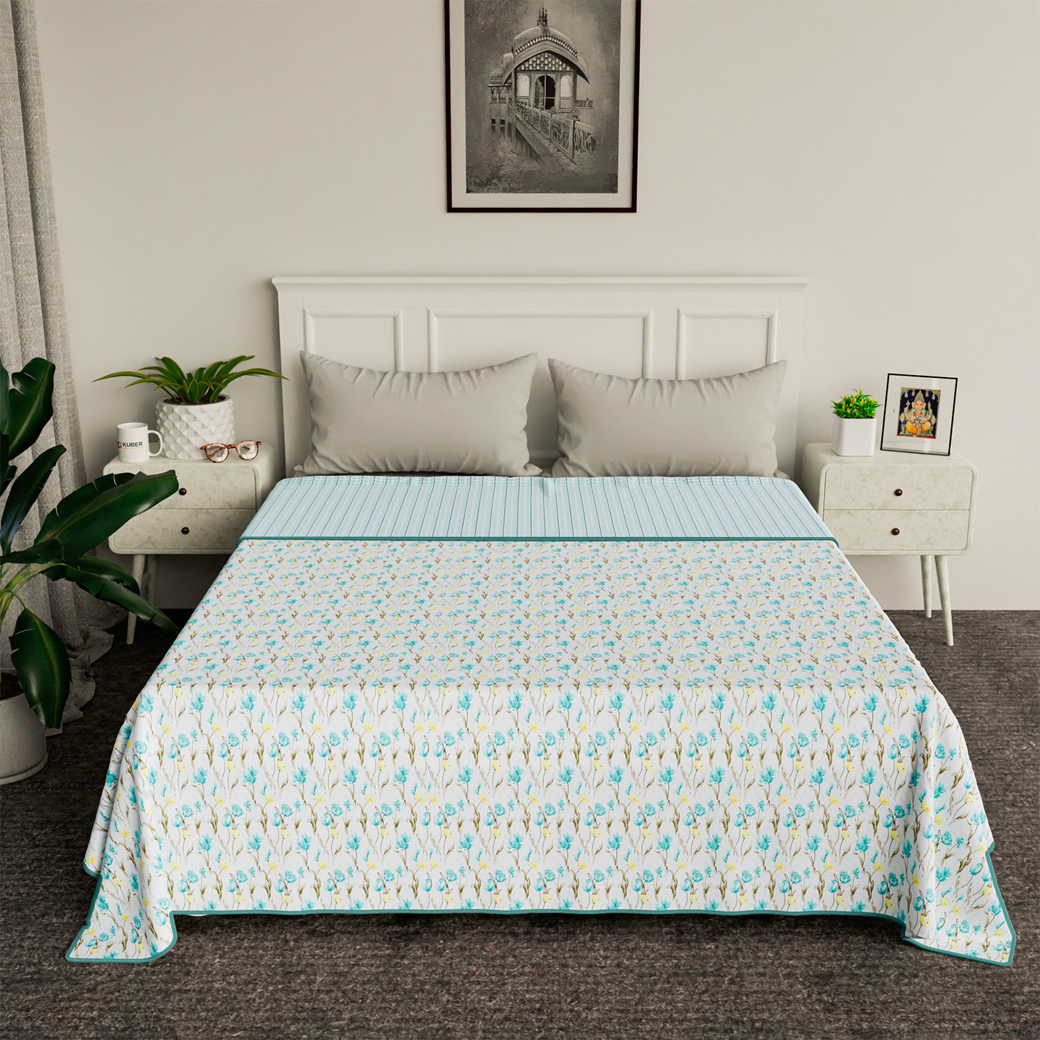 Kuber Industries Blanket | Cotton Double Bed Dohar | Blanket For Home | Reversible AC Blanket For Travelling | Blanket For Summer | Blanket For Winters | Blue Flower | White