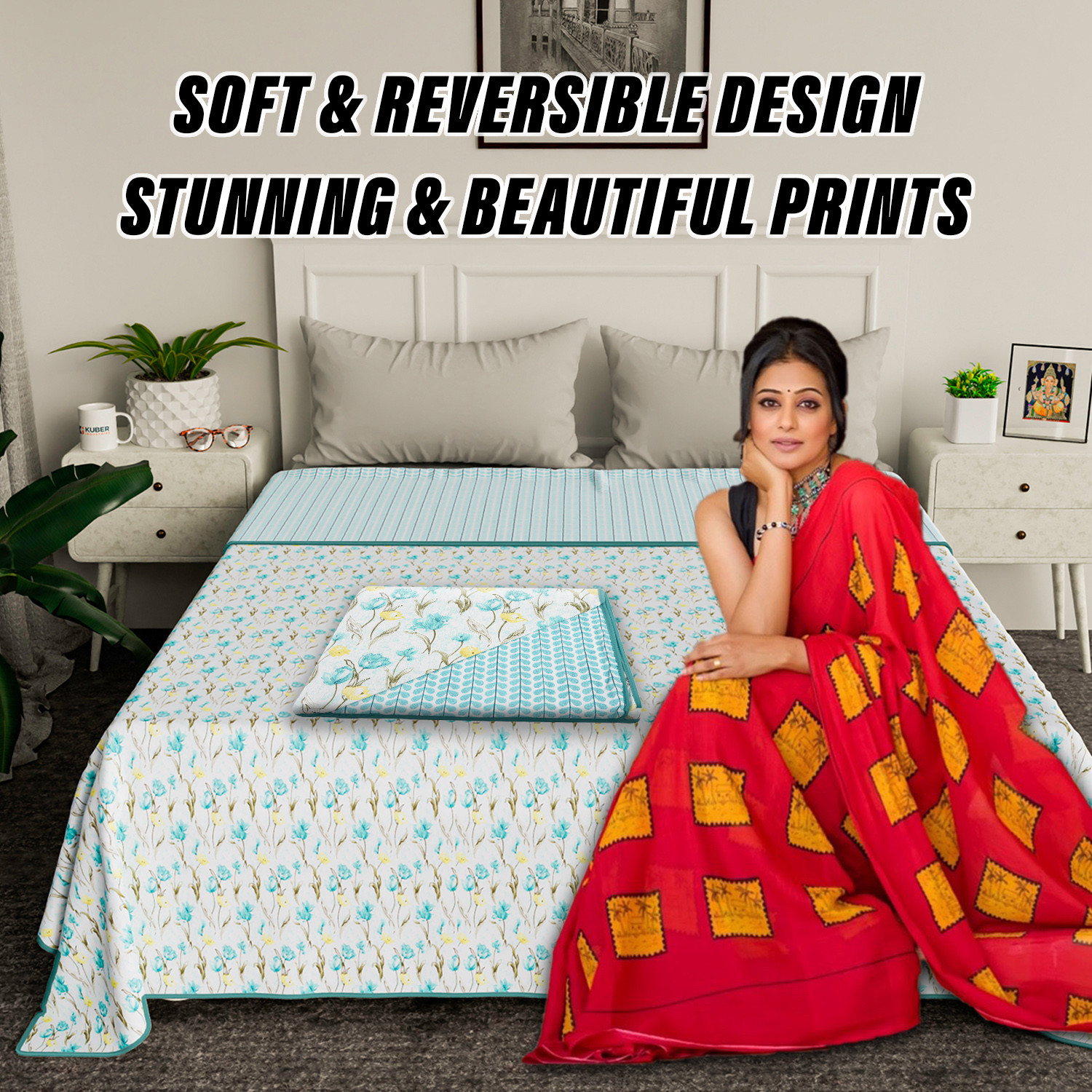 Kuber Industries Blanket | Cotton Double Bed Dohar | Blanket For Home | Reversible AC Blanket For Travelling | Blanket For Summer | Blanket For Winters | Blue Flower | White