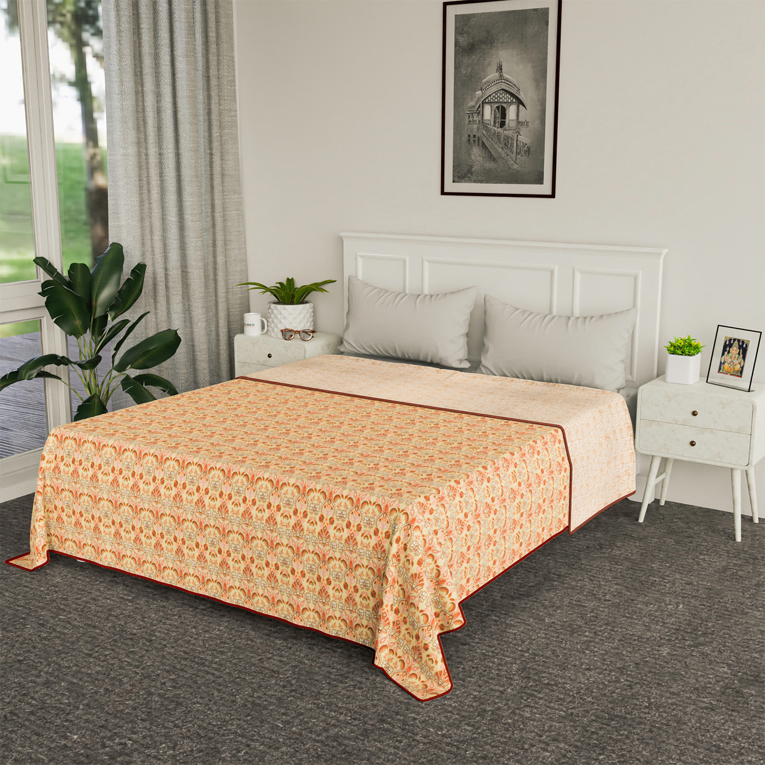 Kuber Industries Blanket | Cotton Double Bed Dohar | Blanket For Home | Reversible AC Blanket For Travelling | Blanket For Summer | Blanket For Winters | Carry Print | Orange