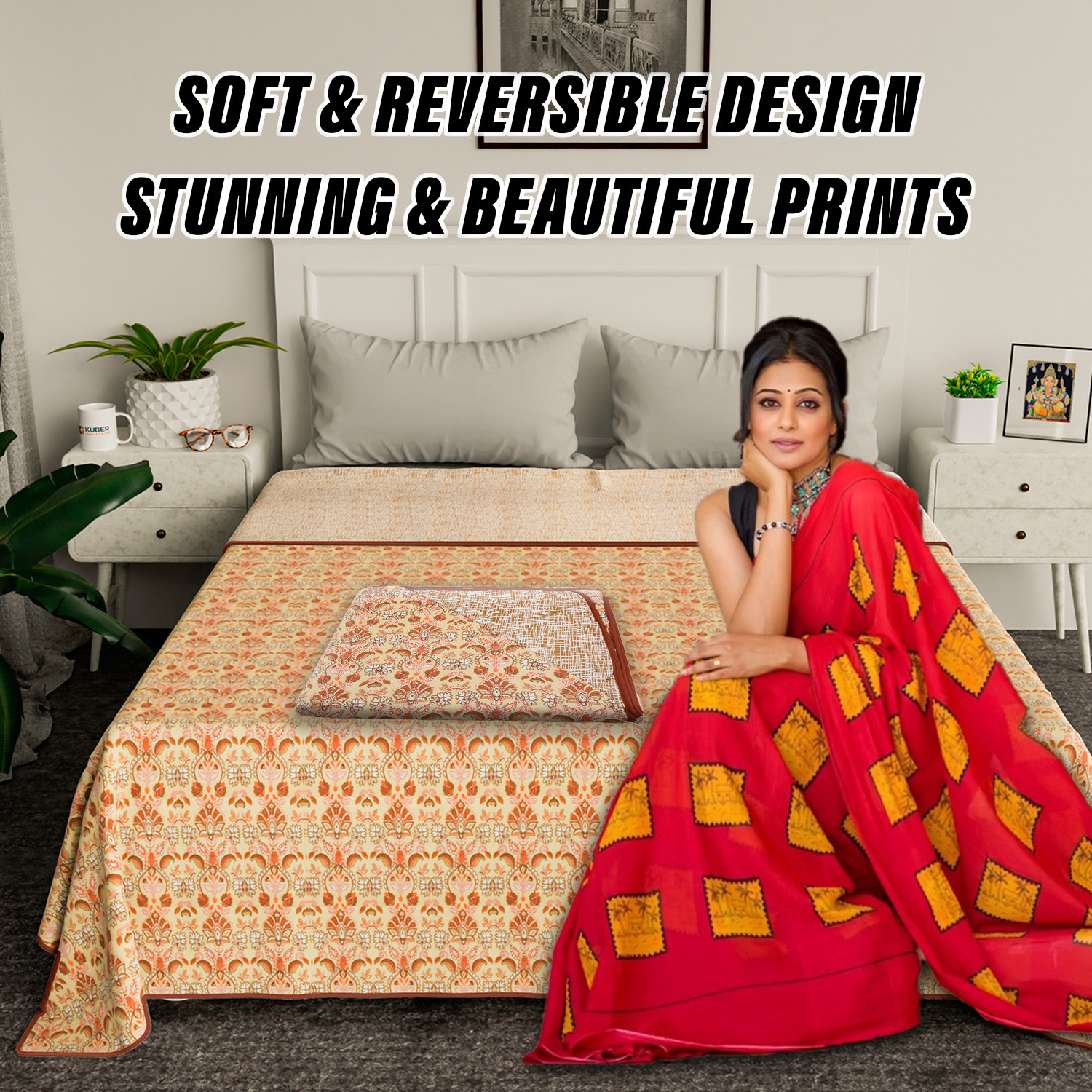 Kuber Industries Blanket | Cotton Double Bed Dohar | Blanket For Home | Reversible AC Blanket For Travelling | Blanket For Summer | Blanket For Winters | Carry Print | Orange