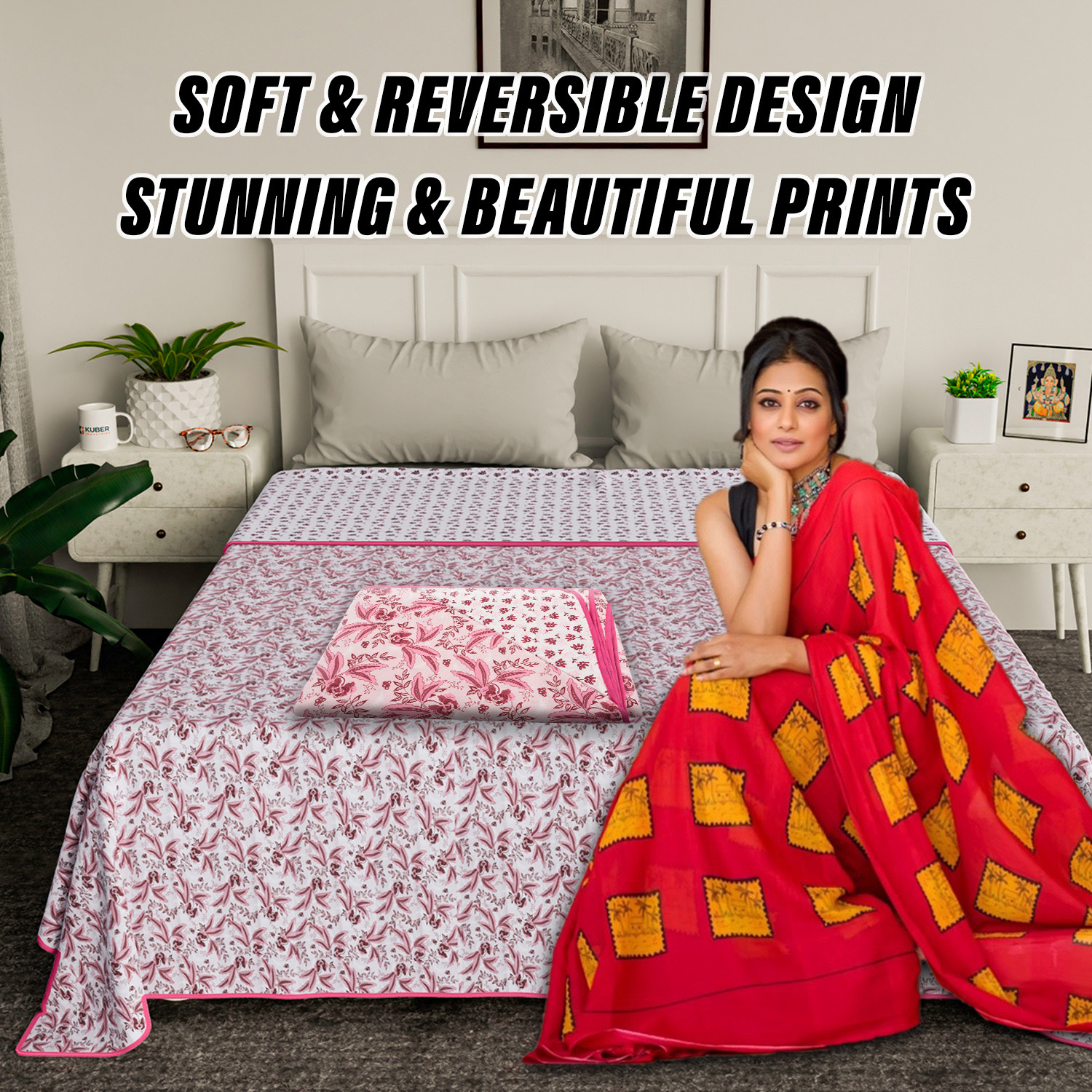 Kuber Industries Blanket | Cotton Double Bed Dohar | Blanket For Home | Reversible AC Blanket For Travelling | Blanket For Summer | Blanket For Winters | Flower Print | Pink