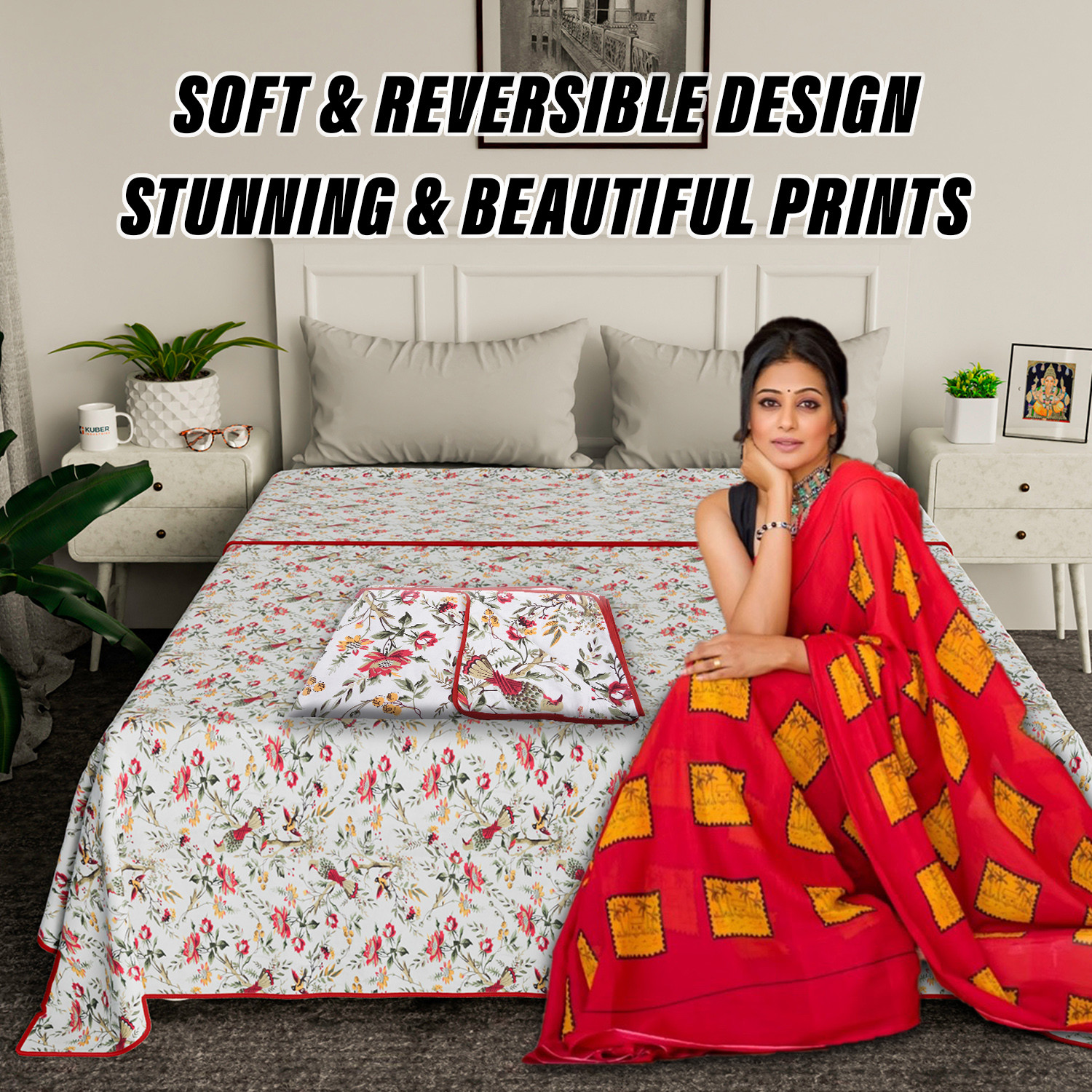 Kuber Industries Blanket | Cotton Double Bed Dohar | Blanket For Home | Reversible AC Blanket For Travelling | Blanket For Summer | Blanket For Winters | Leaf Print | Pink
