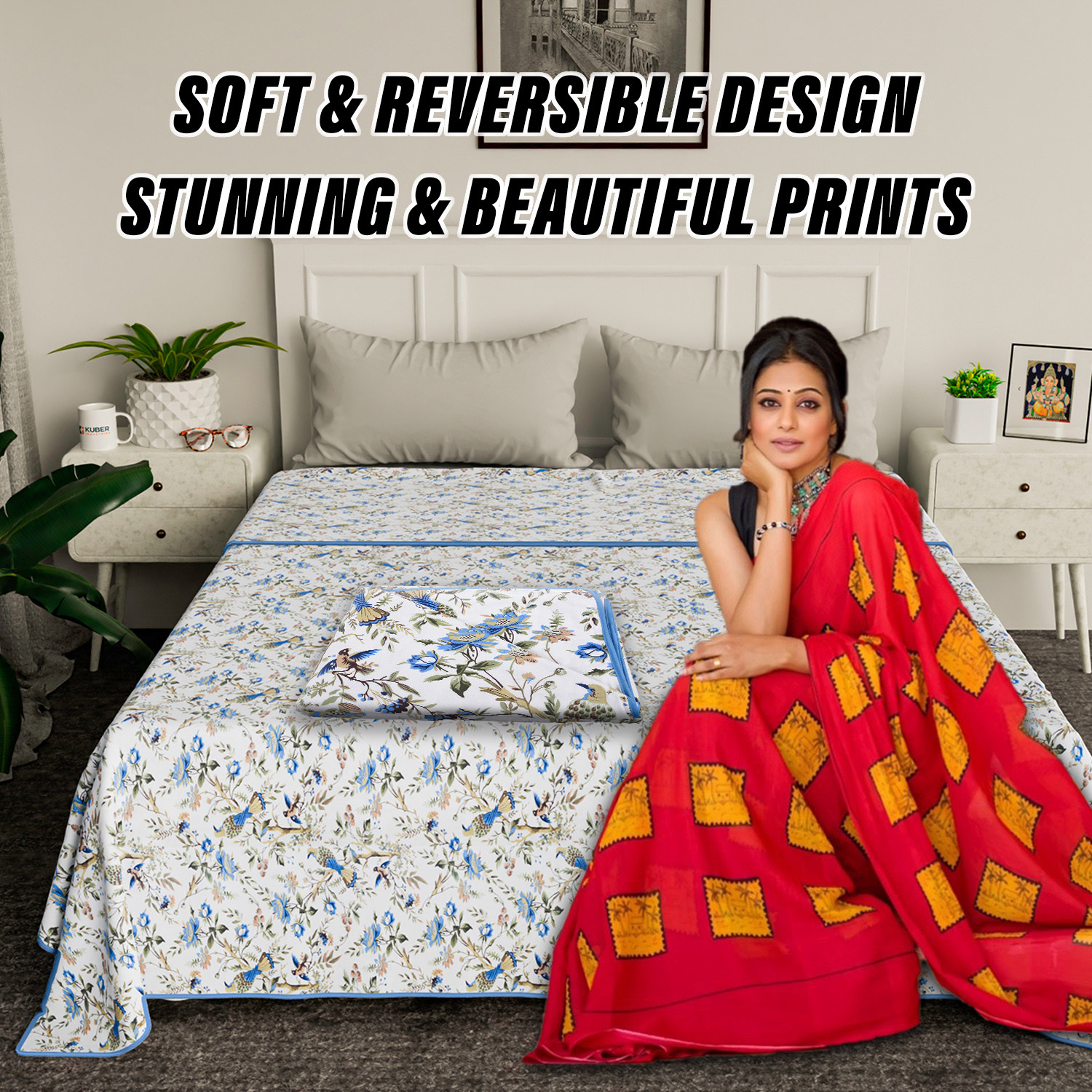 Kuber Industries Blanket | Cotton Double Bed Dohar | Blanket For Home | Reversible AC Blanket For Travelling | Blanket For Summer | Blanket For Winters | Leaf Print | Gray
