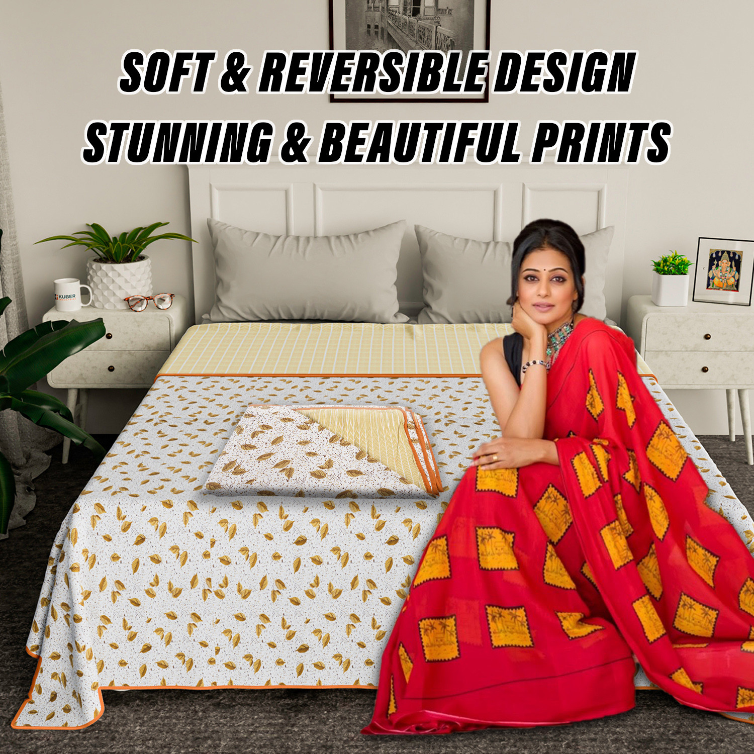 Kuber Industries Blanket | Cotton Double Bed Dohar | Blanket For Home | Reversible AC Blanket For Travelling | Blanket For Summer | Blanket For Winters | Leaf Print | Brown