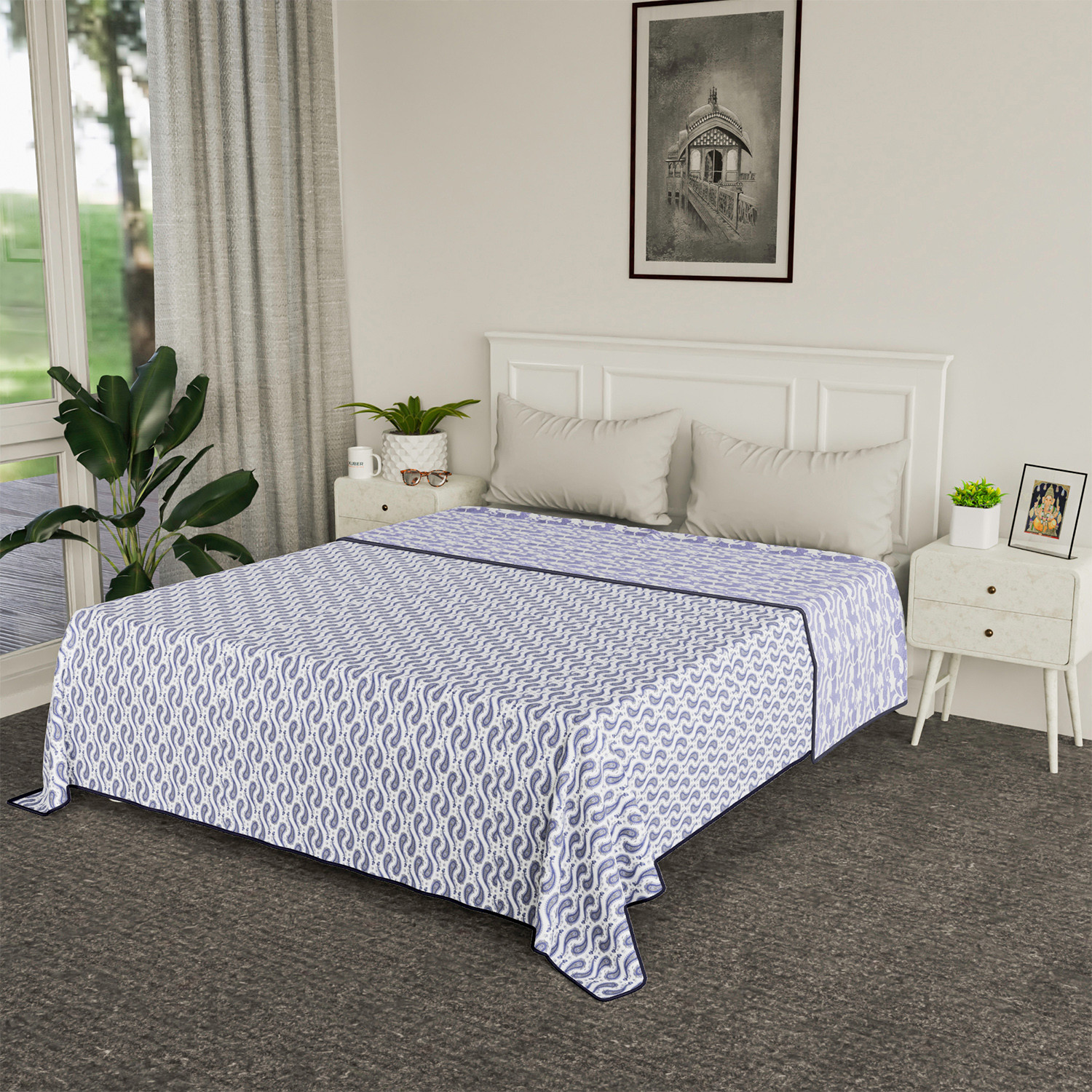 Kuber Industries Blanket | Cotton Double Bed Dohar | Blanket For Home | Reversible AC Blanket For Travelling | Blanket For Summer | Blanket For Winters | Carry Print | Blue
