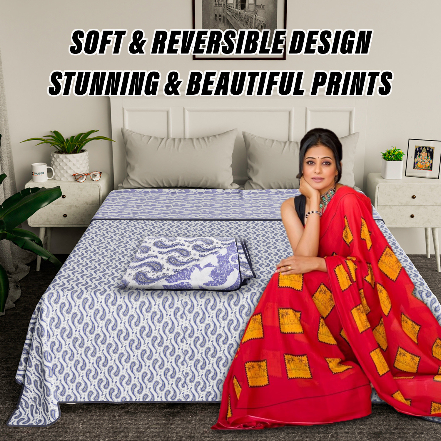 Kuber Industries Blanket | Cotton Double Bed Dohar | Blanket For Home | Reversible AC Blanket For Travelling | Blanket For Summer | Blanket For Winters | Carry Print | Blue