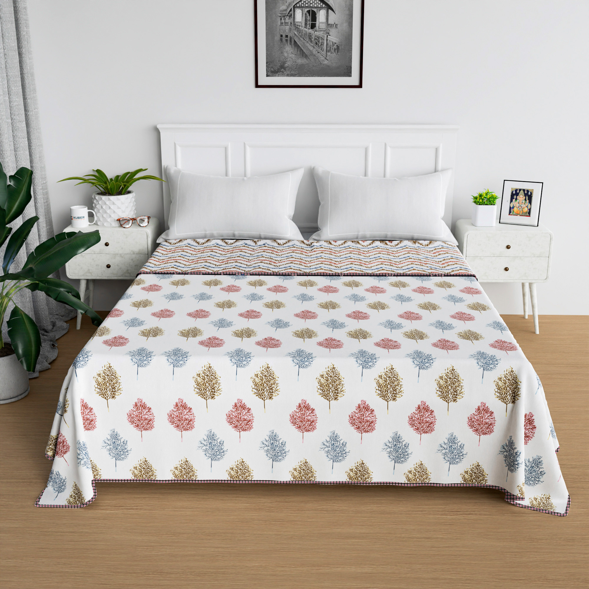 Kuber Industries Blanket  Cotton Double Bed Dohar  Reversible AC Blanket  All-Season Bed Blanket  Lightweight  Portable Blanket For Travelling  Multi Leaf-Print  White