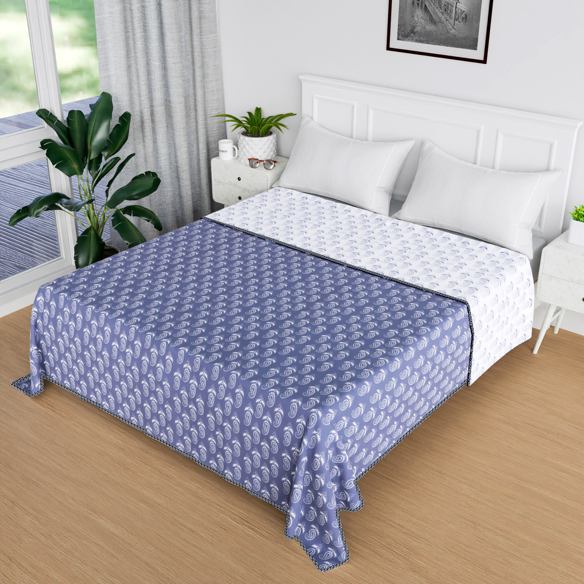 Kuber Industries Blanket  Cotton Double Bed Dohar  Reversible AC Blanket  All-Season Bed Blanket  Lightweight  Portable Blanket For Travelling  Carry-Print  Blue