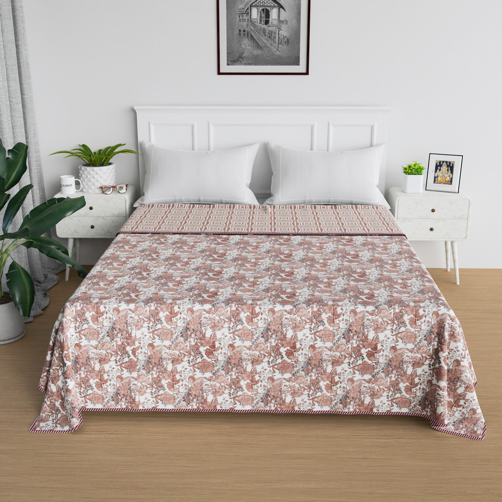 Kuber Industries Blanket  Cotton Double Bed Dohar  Reversible AC Blanket  All-Season Bed Blanket  Lightweight  Portable Blanket For Travelling  Brown Flower-Print  White
