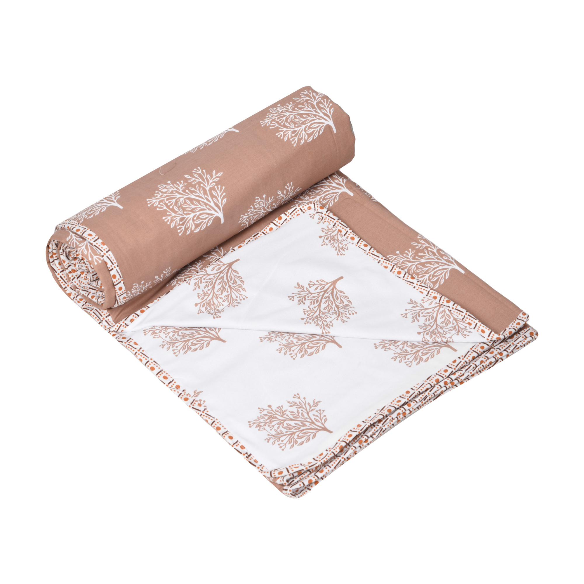 Kuber Industries Blanket  Cotton Double Bed Dohar  Reversible AC Blanket  All-Season Bed Blanket  Lightweight  Portable Blanket For Travelling  White Tree-Print  Brown
