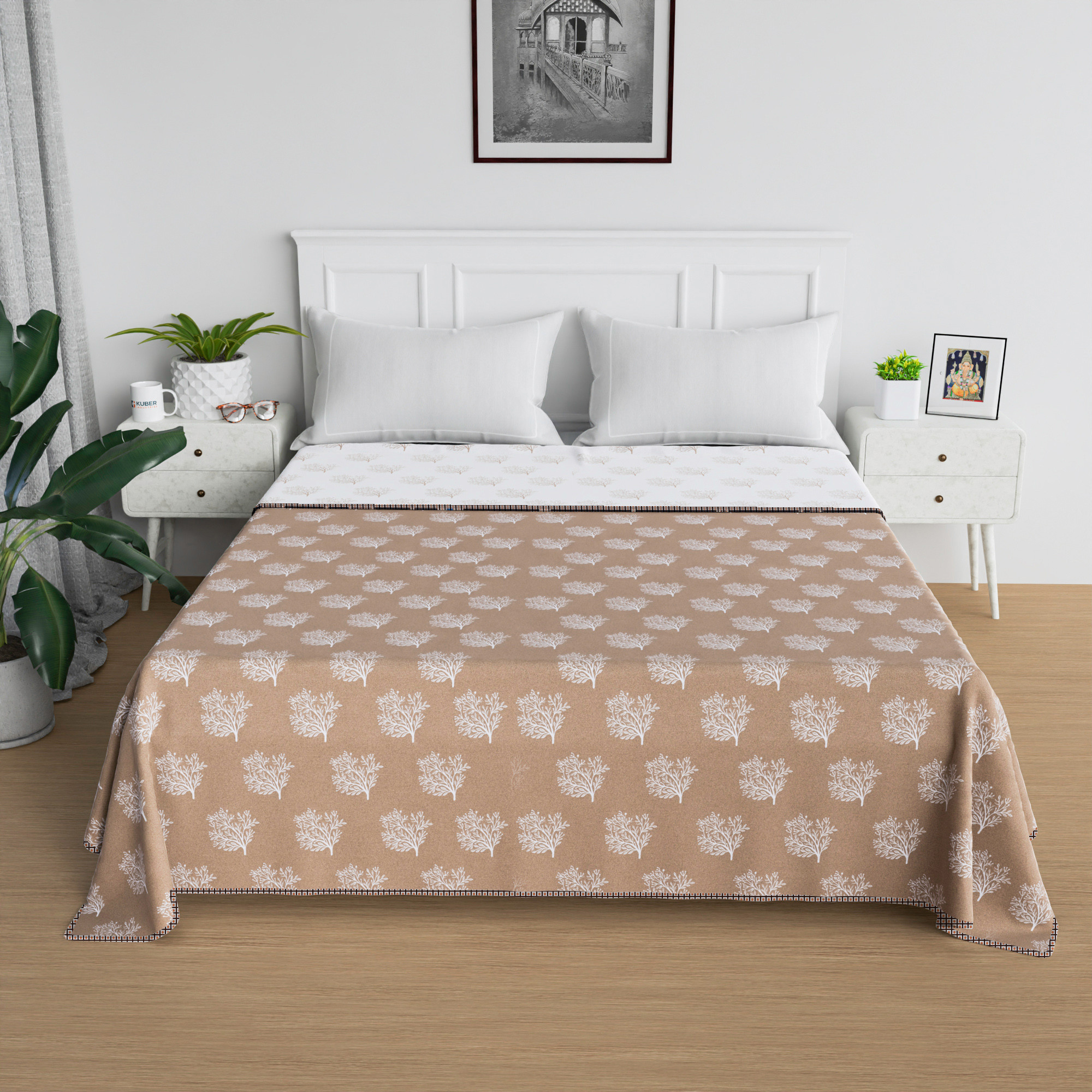 Kuber Industries Blanket  Cotton Double Bed Dohar  Reversible AC Blanket  All-Season Bed Blanket  Lightweight  Portable Blanket For Travelling  White Tree-Print  Brown